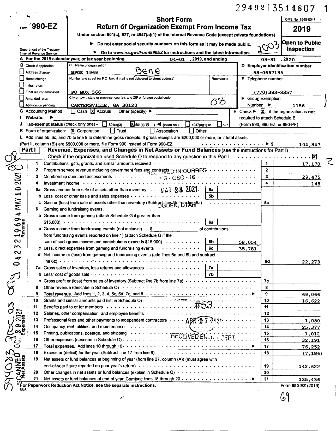 Image of first page of 2019 Form 990EO for Benevolent and Protective Order of Elks - 1969 Cartersville