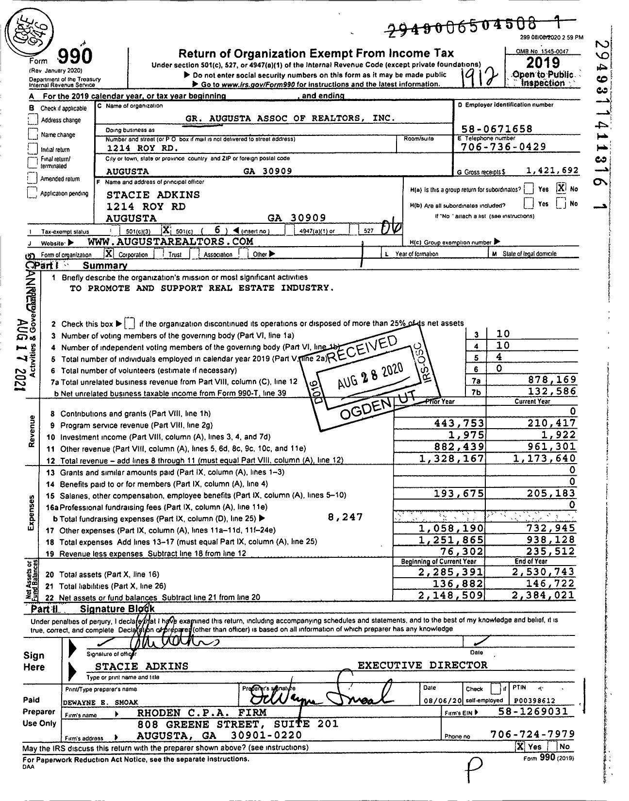 Image of first page of 2019 Form 990O for Realtors of Greater Augusta