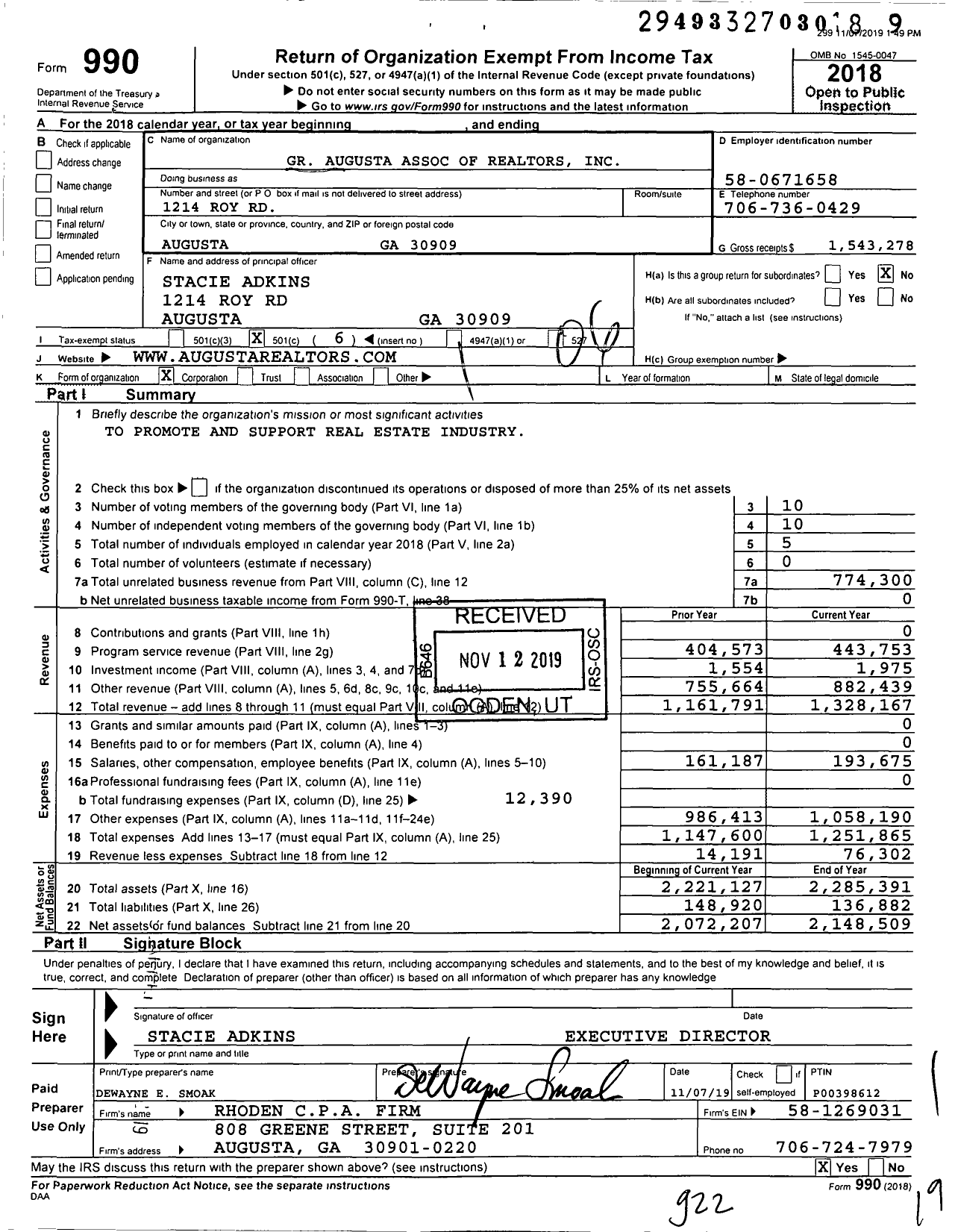 Image of first page of 2018 Form 990O for Realtors of Greater Augusta