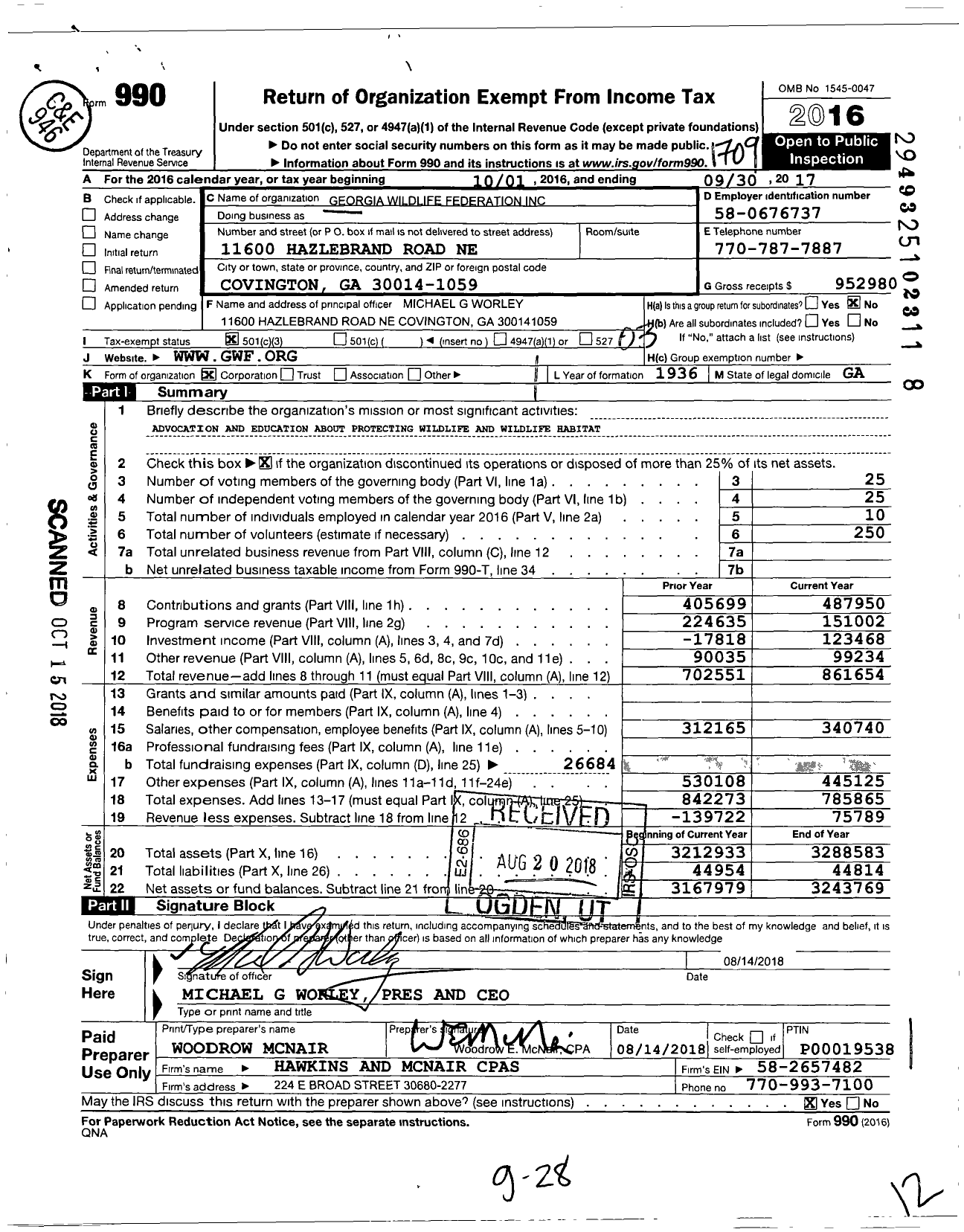 Image of first page of 2016 Form 990 for Georgia Wildlife Federation (GWF)