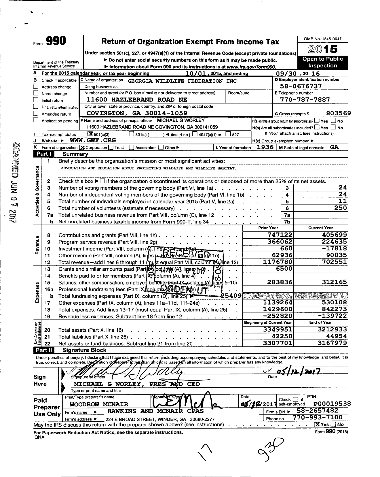 Image of first page of 2015 Form 990 for Georgia Wildlife Federation (GWF)
