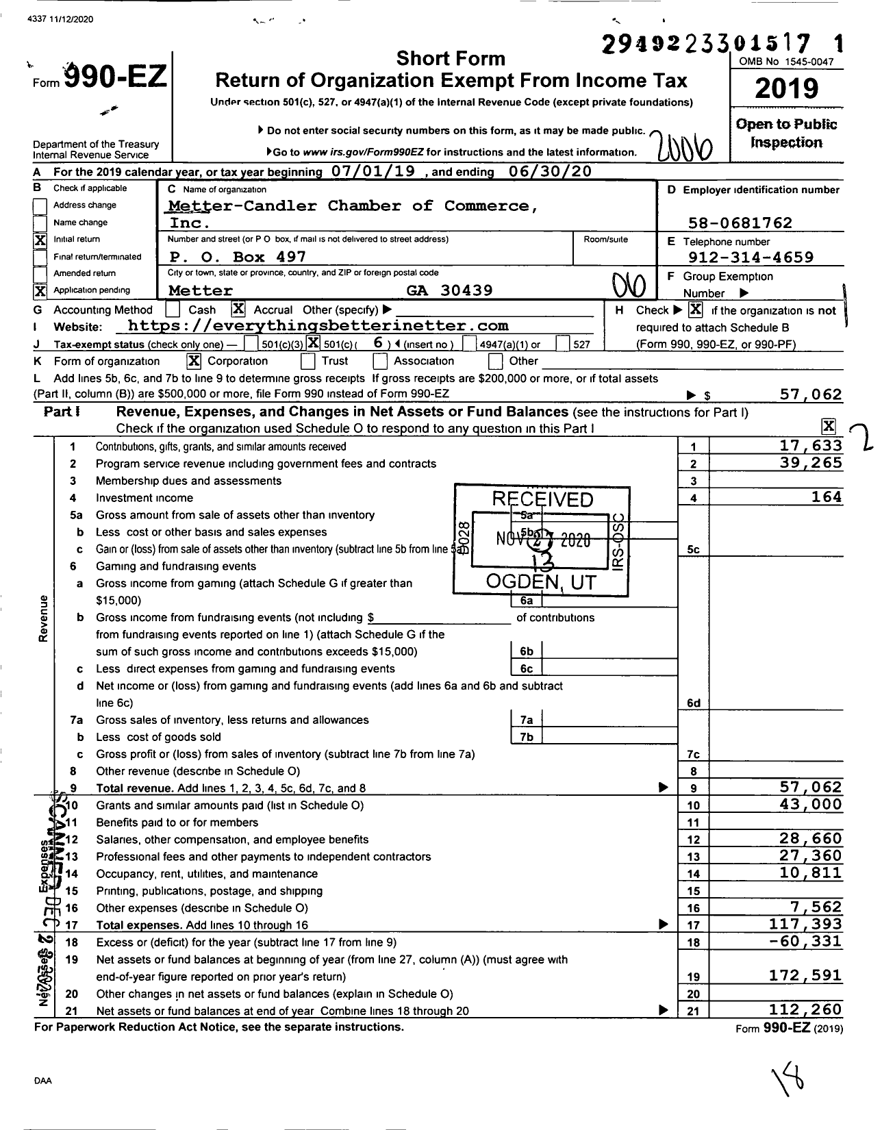 Image of first page of 2019 Form 990EO for Metter-Candler Chamber of Commerce