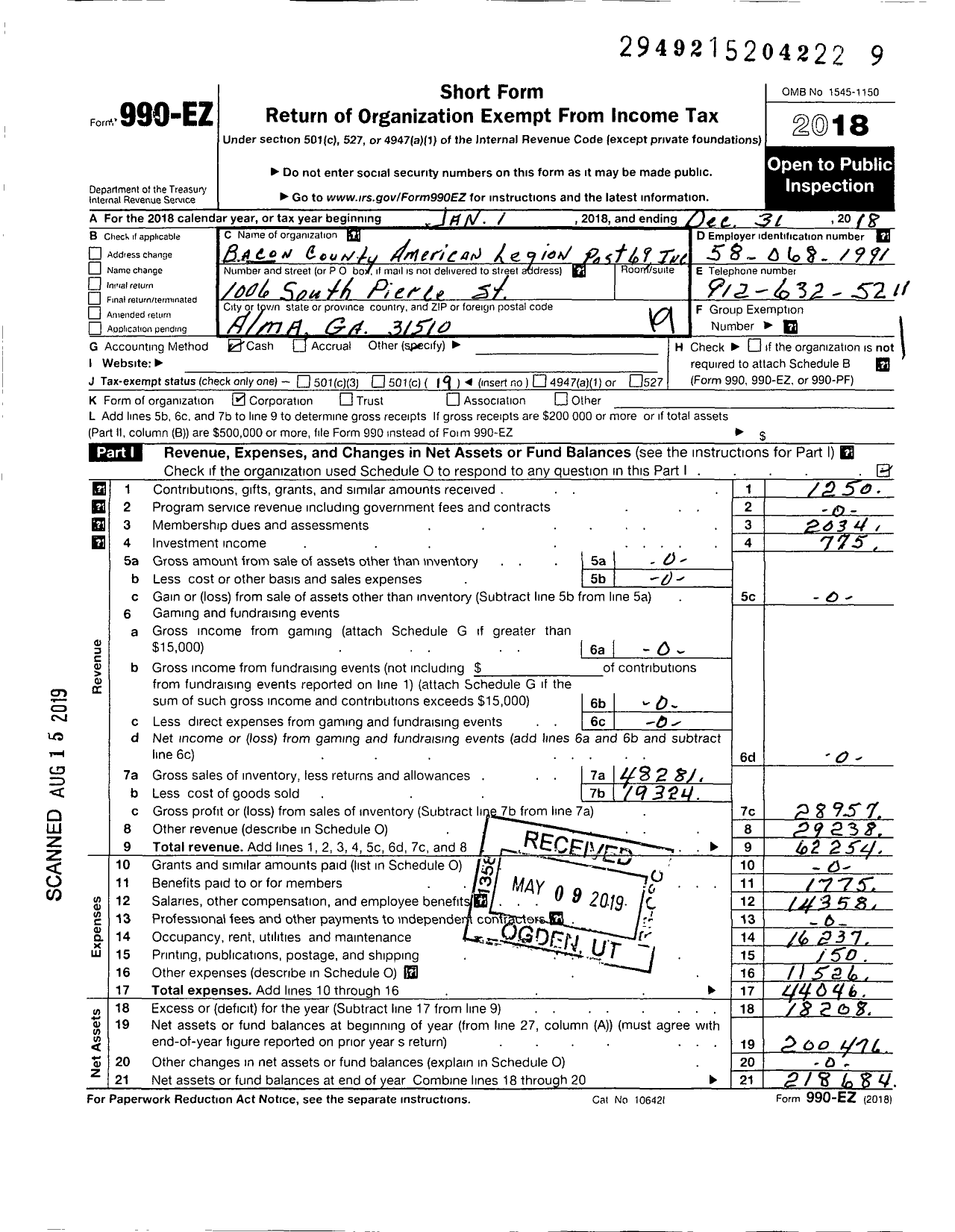Image of first page of 2018 Form 990EO for American Legion - 69 Bacon County