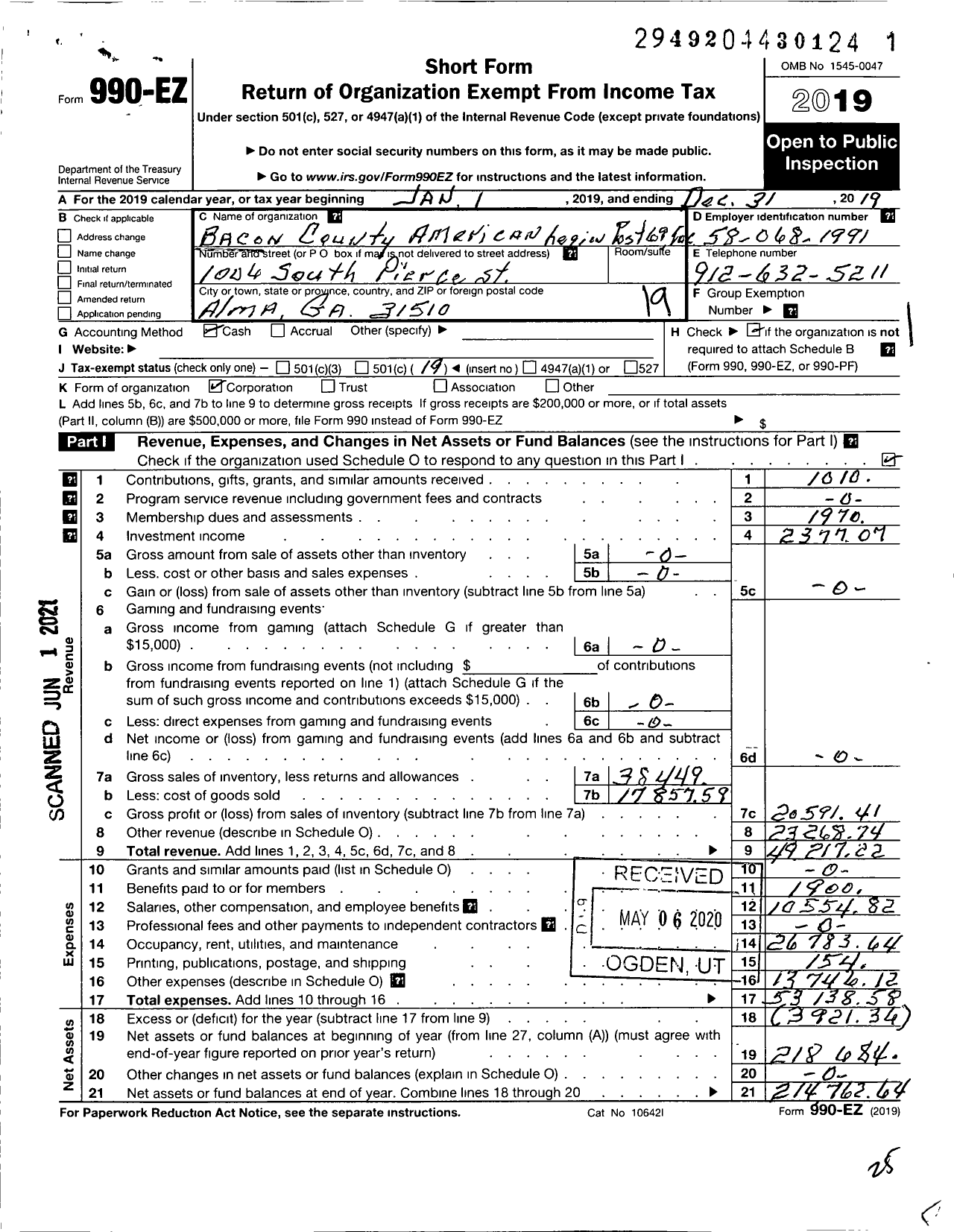 Image of first page of 2019 Form 990EO for American Legion - 69 Bacon County