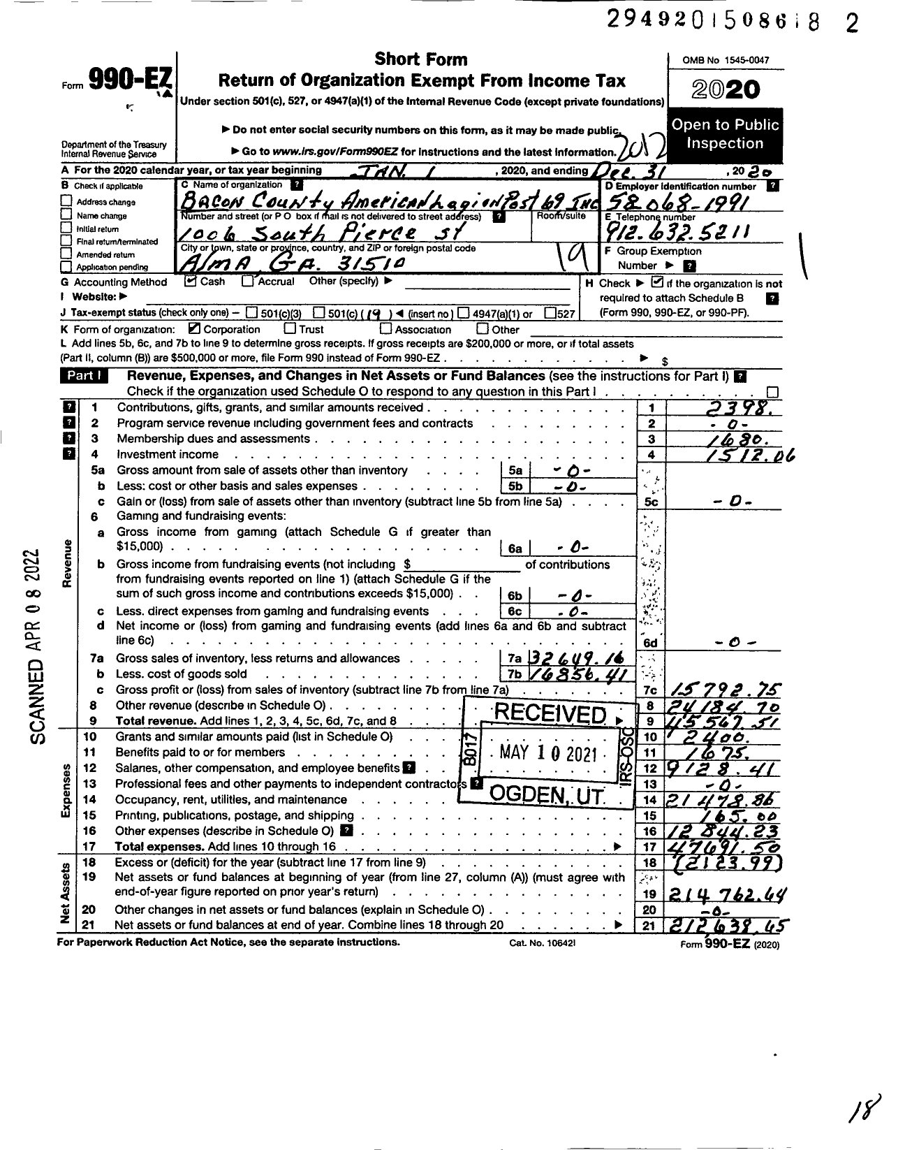 Image of first page of 2020 Form 990EO for American Legion - 69 Bacon County