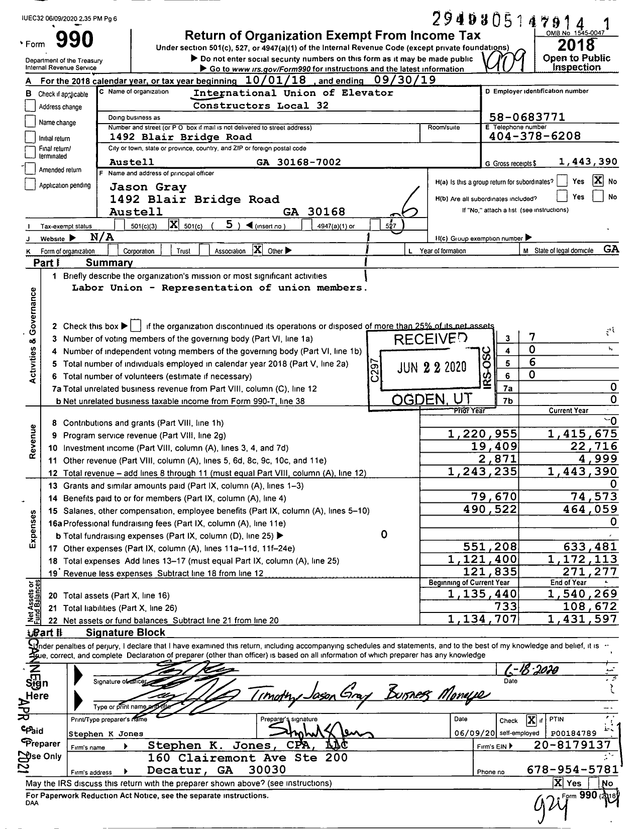 Image of first page of 2018 Form 990O for International Union of Elevator Constructors - 32 Local