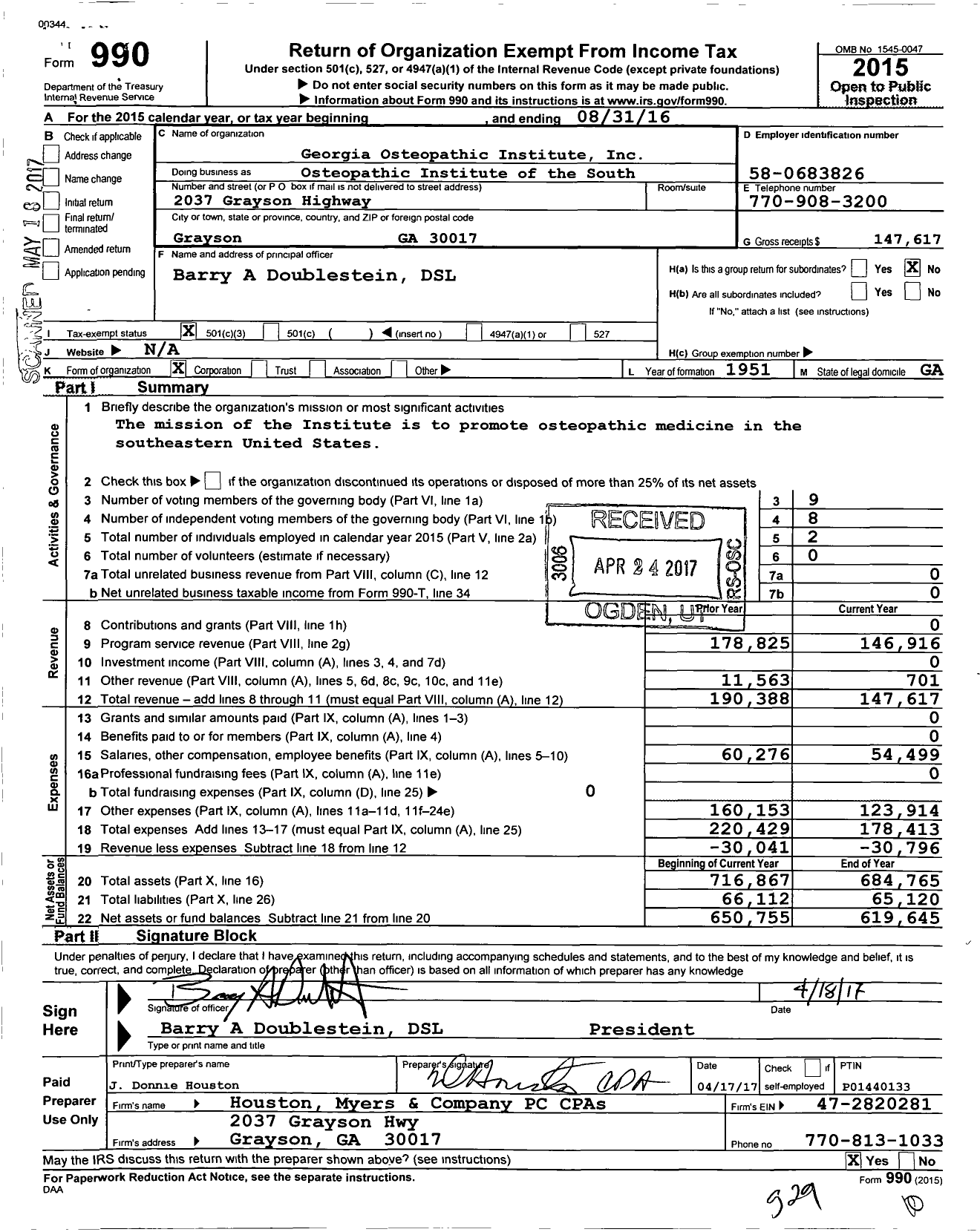 Image of first page of 2015 Form 990 for Georgia Osteopathic Institute