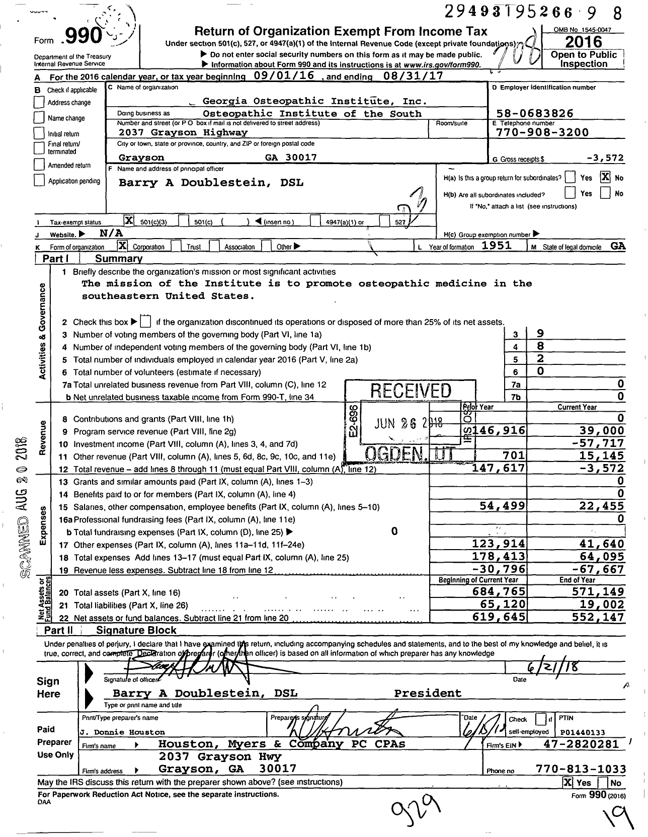 Image of first page of 2016 Form 990 for Georgia Osteopathic Institute