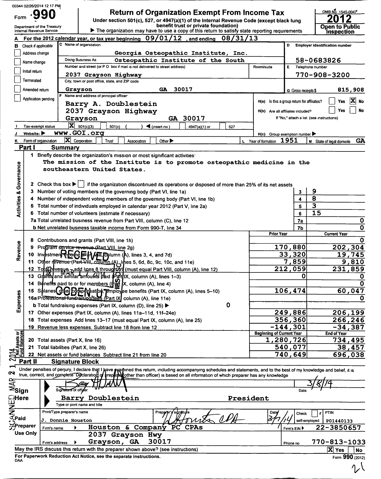 Image of first page of 2012 Form 990 for Georgia Osteopathic Institute