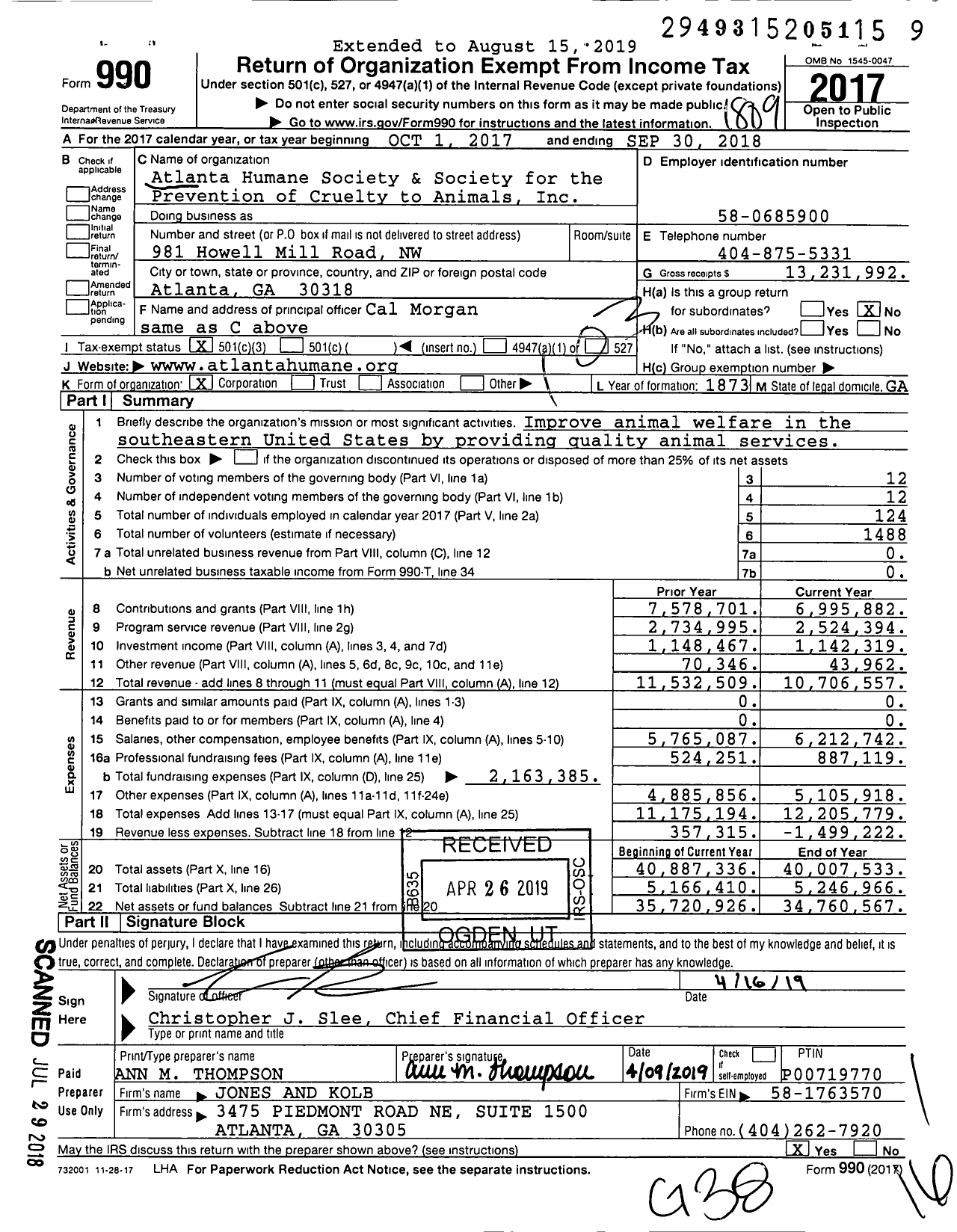 Image of first page of 2017 Form 990 for Atlanta Humane Society and Society for the Prevention of Cruelty to Animals