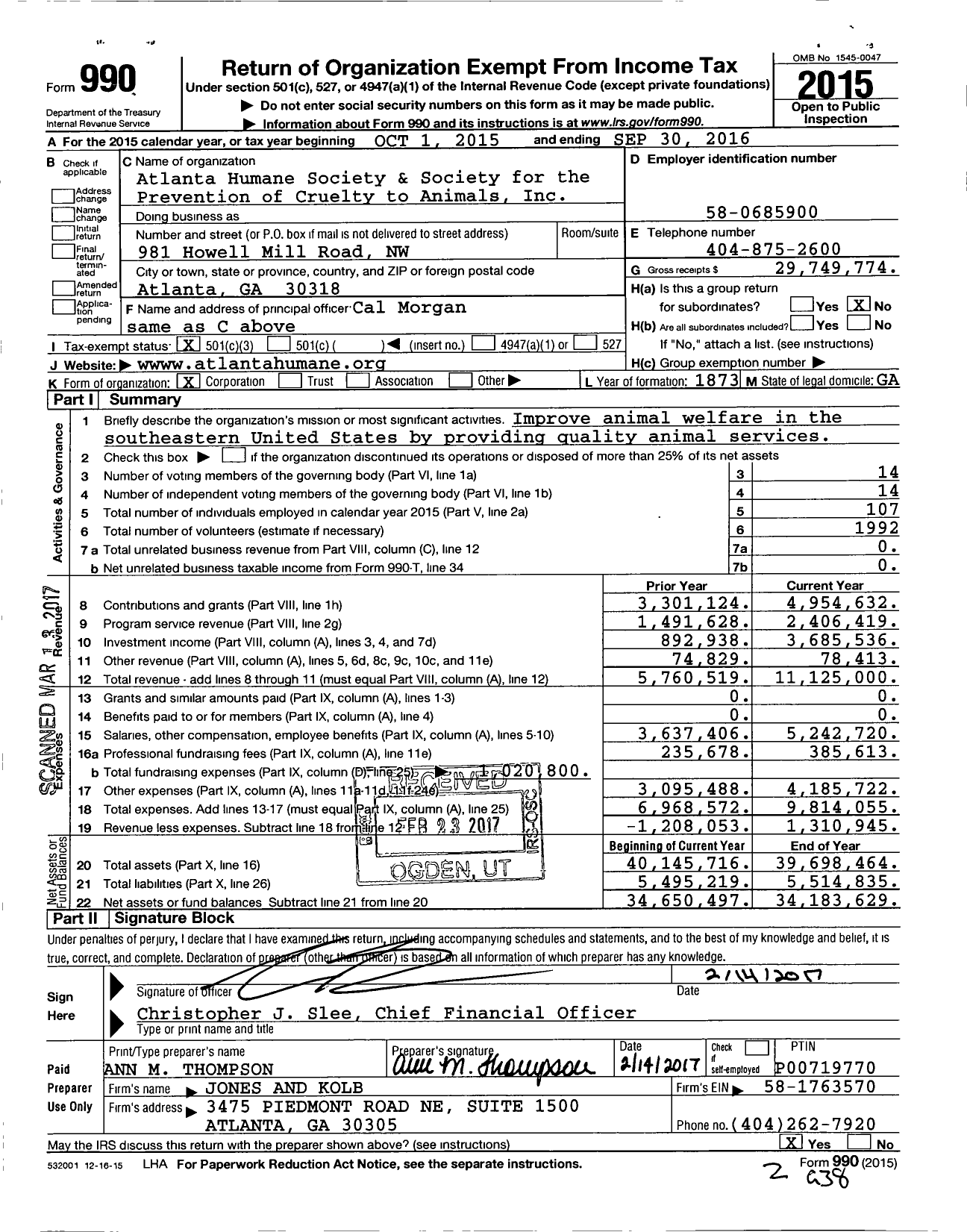 Image of first page of 2015 Form 990 for Atlanta Humane Society and Society for the Prevention of Cruelty to Animals