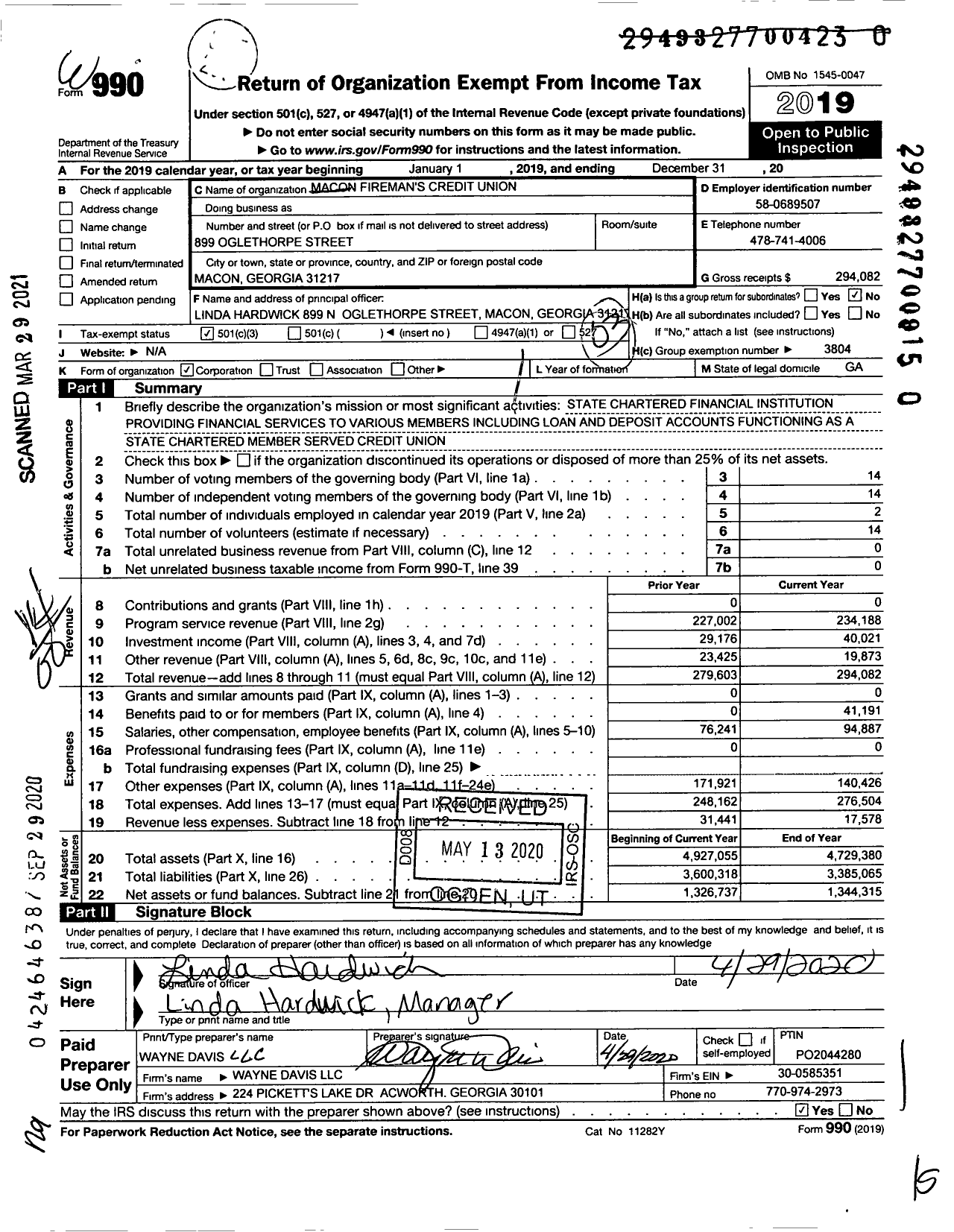 Image of first page of 2019 Form 990O for Macon Fireman's Credit Union