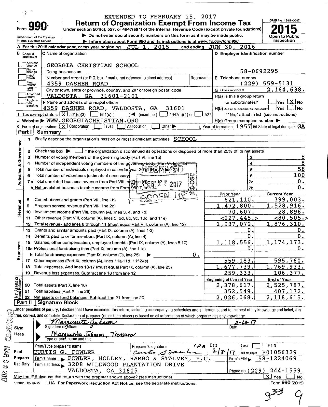 Image of first page of 2015 Form 990 for Georgia Christian School