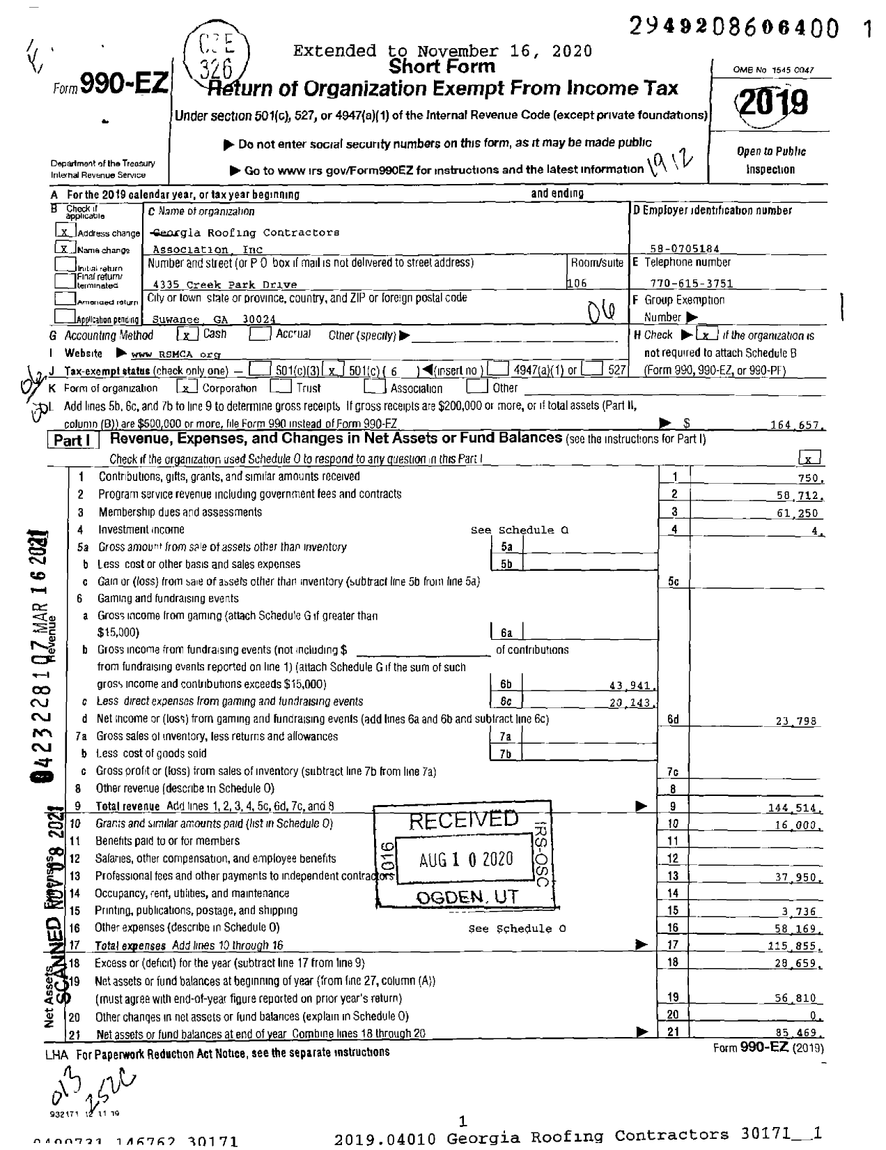 Image of first page of 2019 Form 990EO for Georgia Roofing Contractors Association