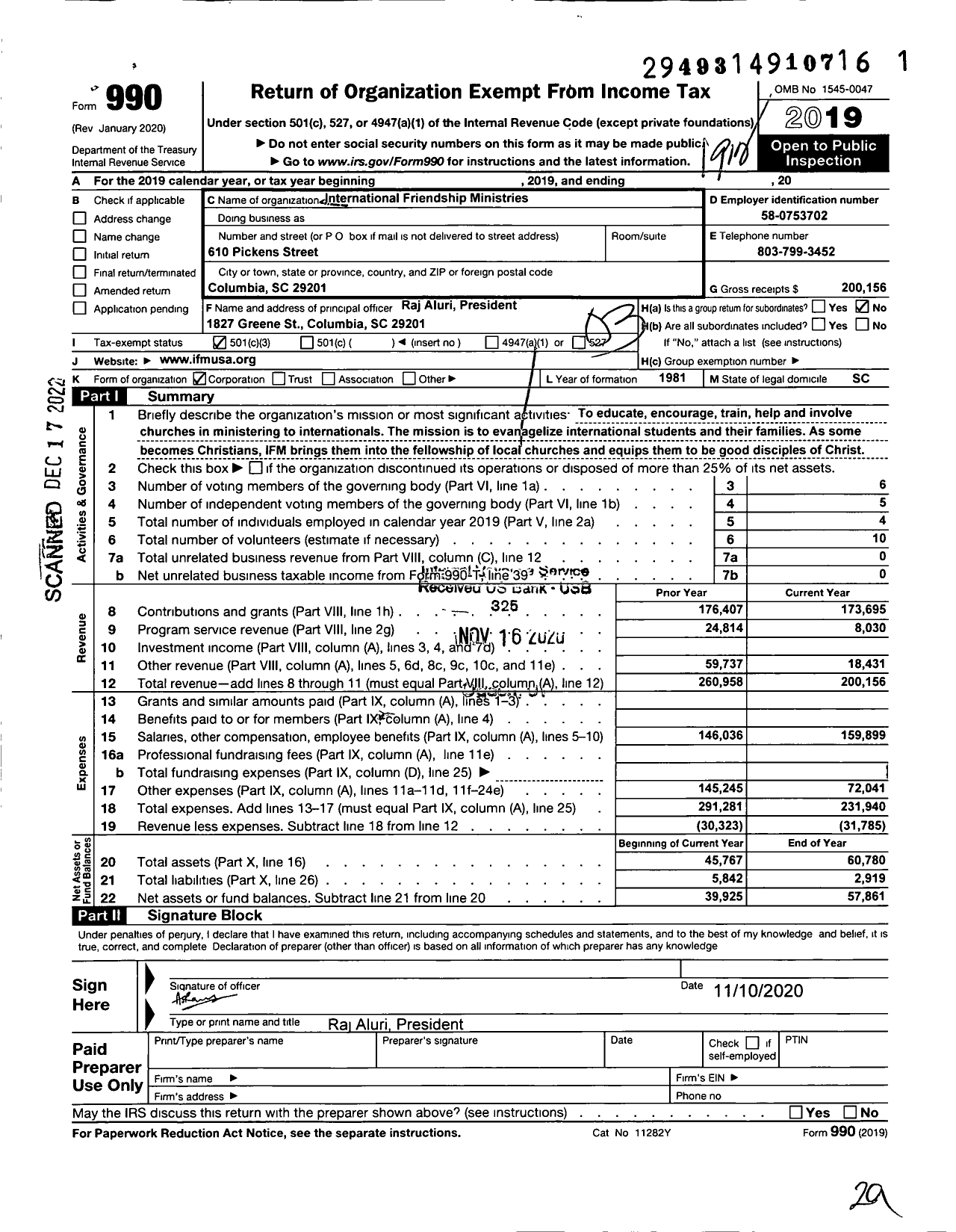 Image of first page of 2019 Form 990 for International Friendship Ministries