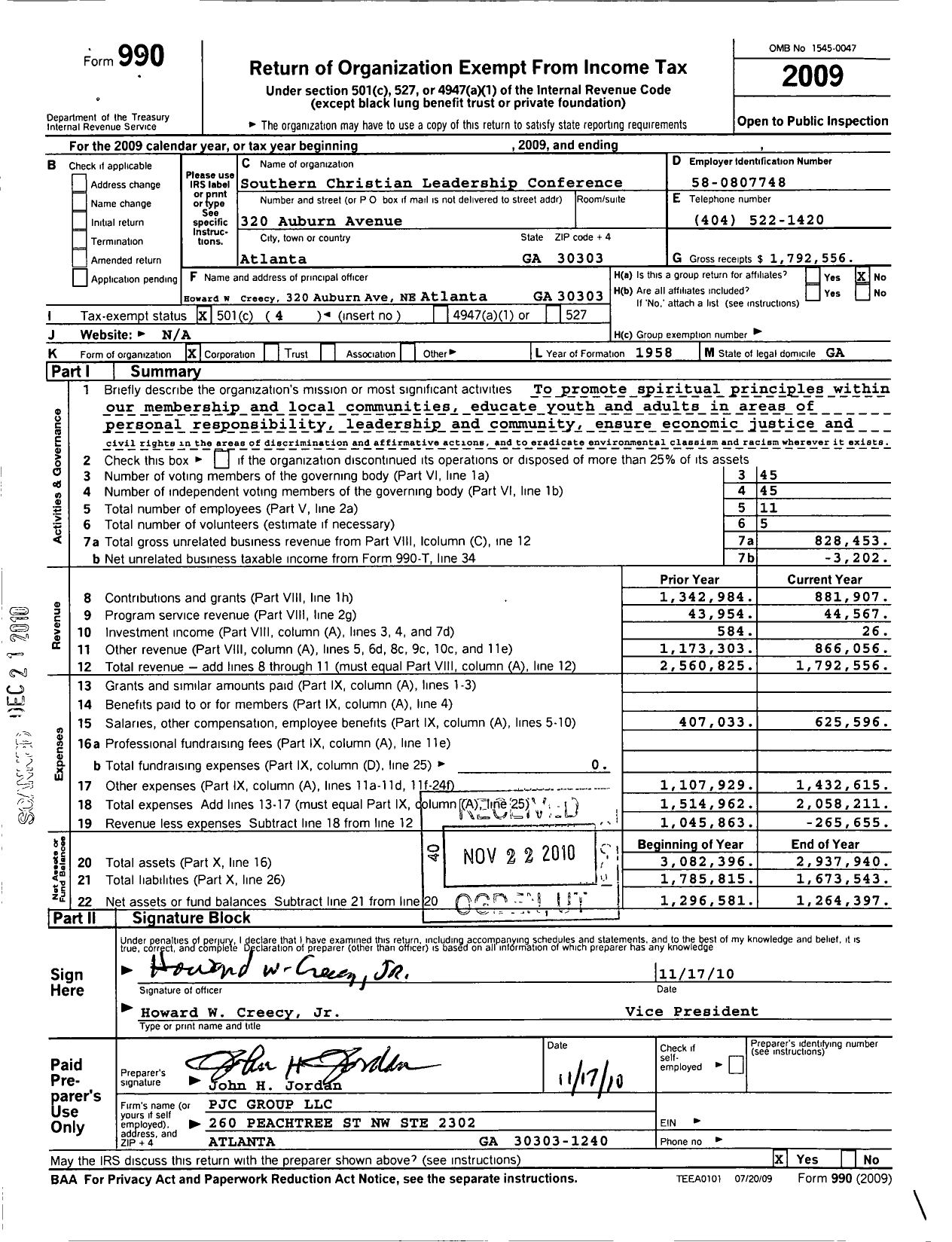 Image of first page of 2009 Form 990O for Southern Christian Leadership Conference