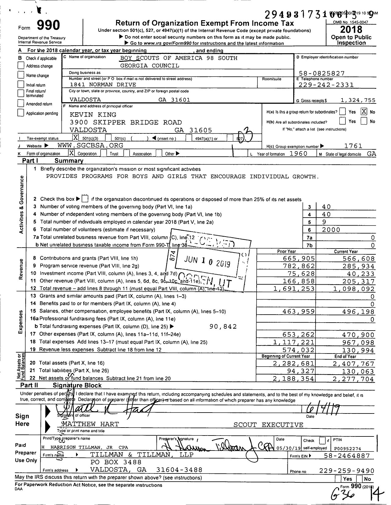 Image of first page of 2018 Form 990 for Boy Scouts of America - 98 South Georgia Council