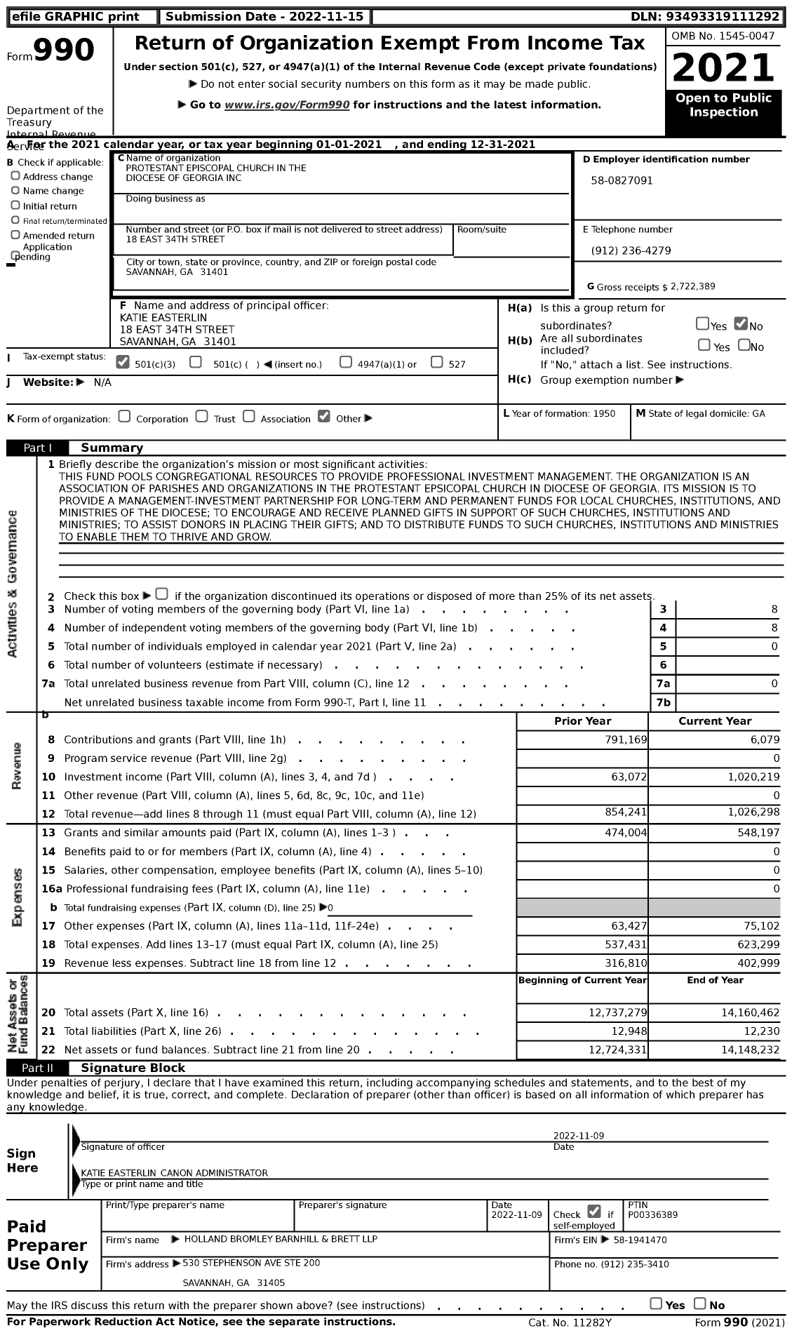 Image of first page of 2021 Form 990 for Protestant Episcopal Church in the Diocese of Georgia
