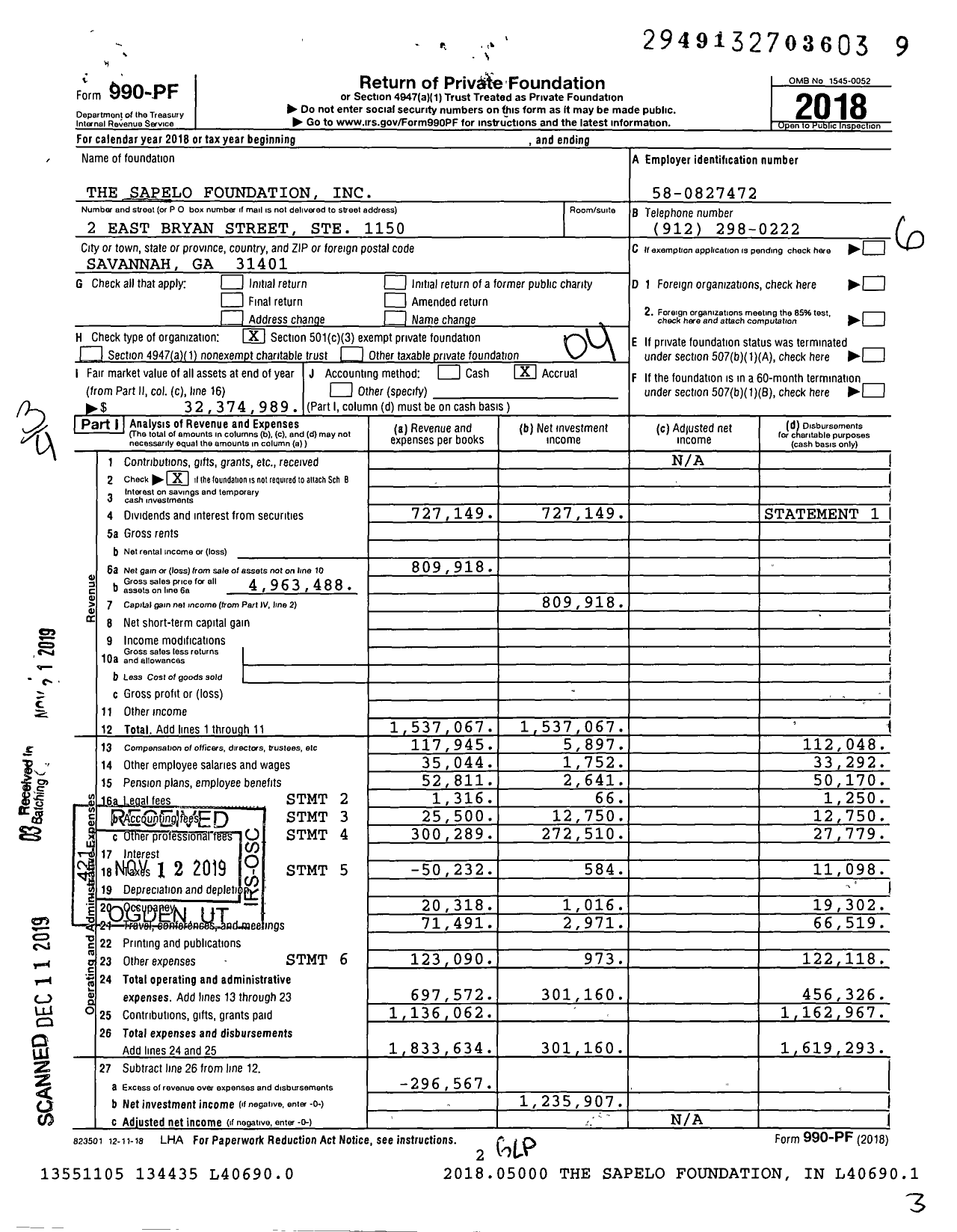 Image of first page of 2018 Form 990PF for The Sapelo Foundation