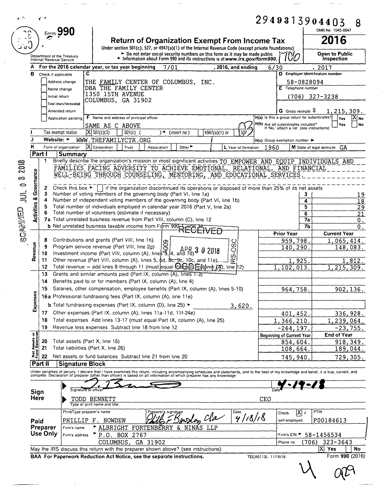 Image of first page of 2016 Form 990 for The Family Center