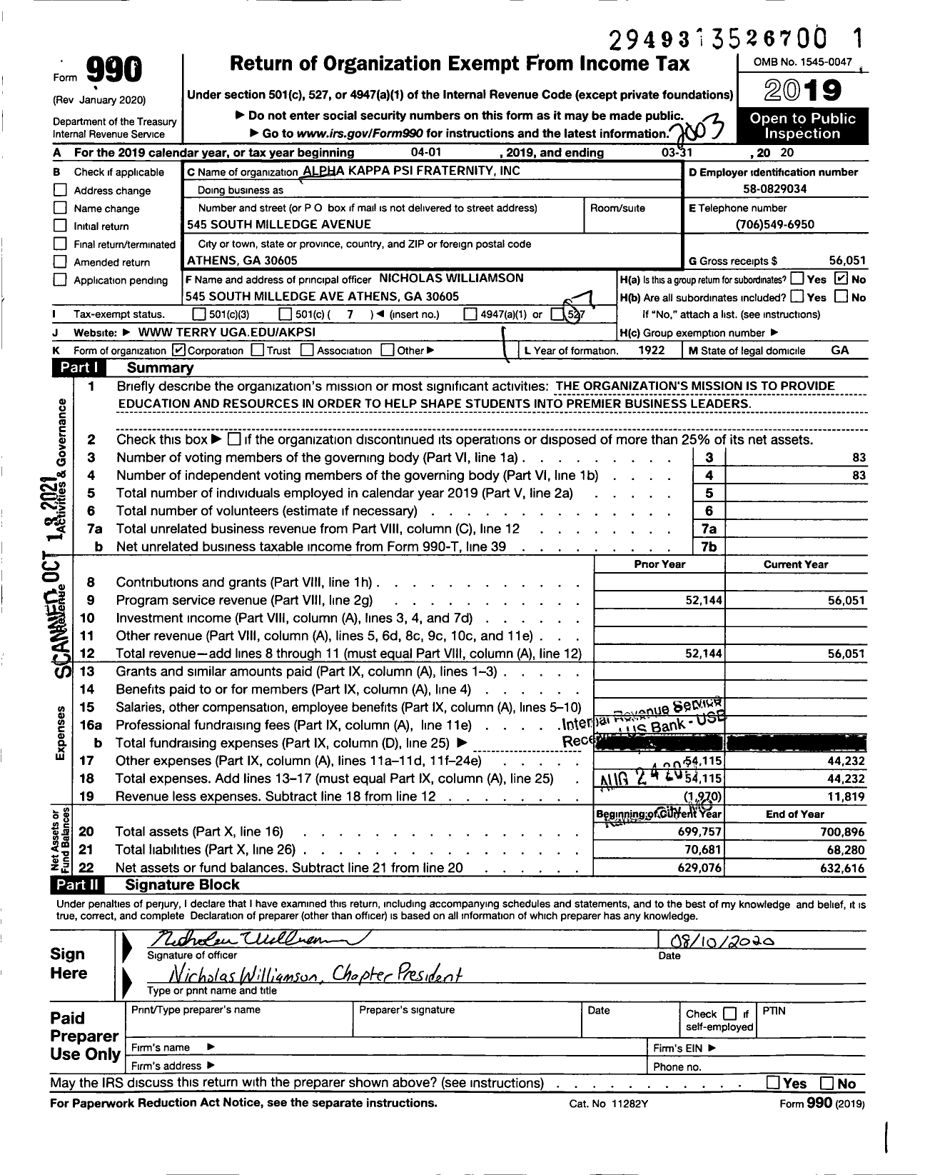 Image of first page of 2019 Form 990O for Alpha Kappa Psi Fraternity