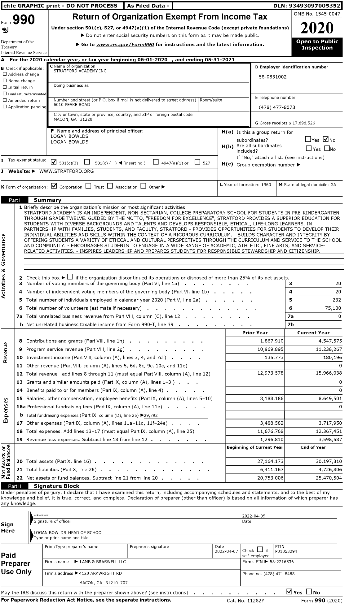 Image of first page of 2020 Form 990 for Stratford Academy