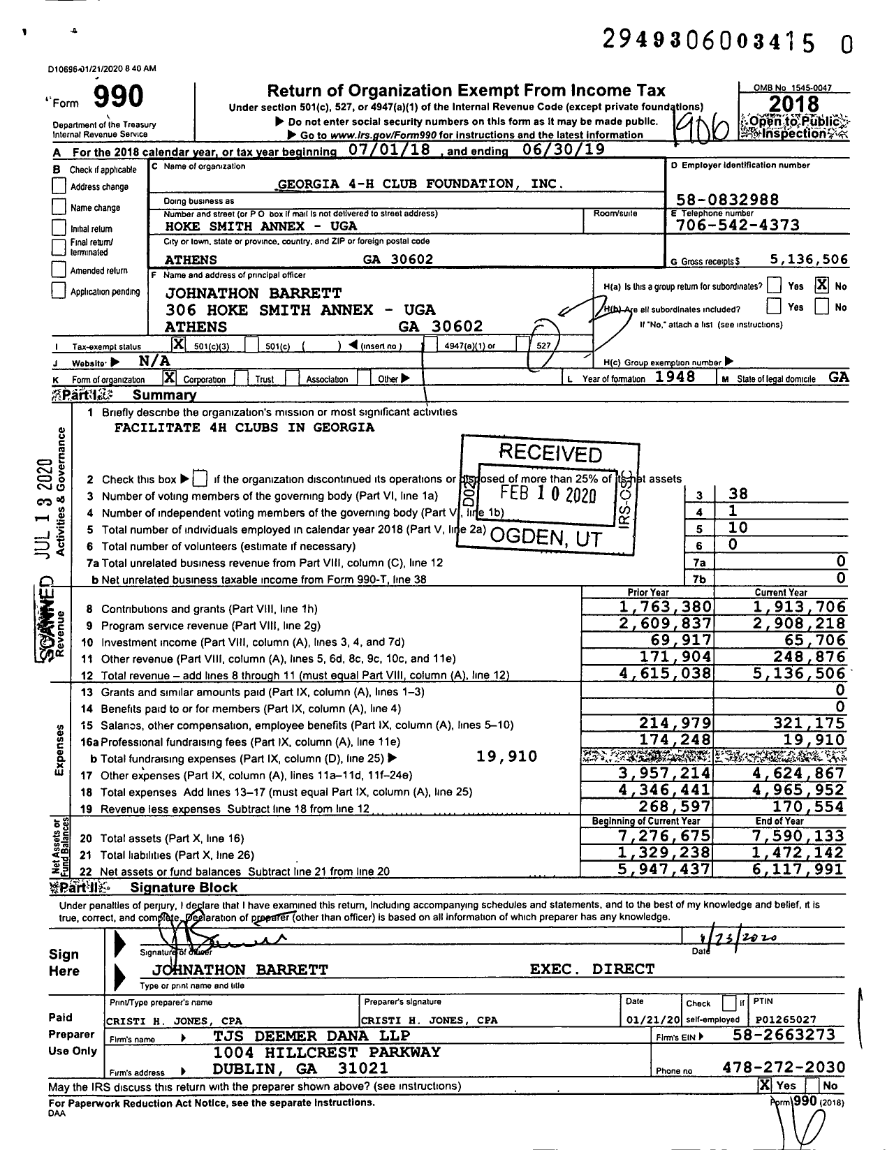 Image of first page of 2018 Form 990 for Georgia 4-H Foundation