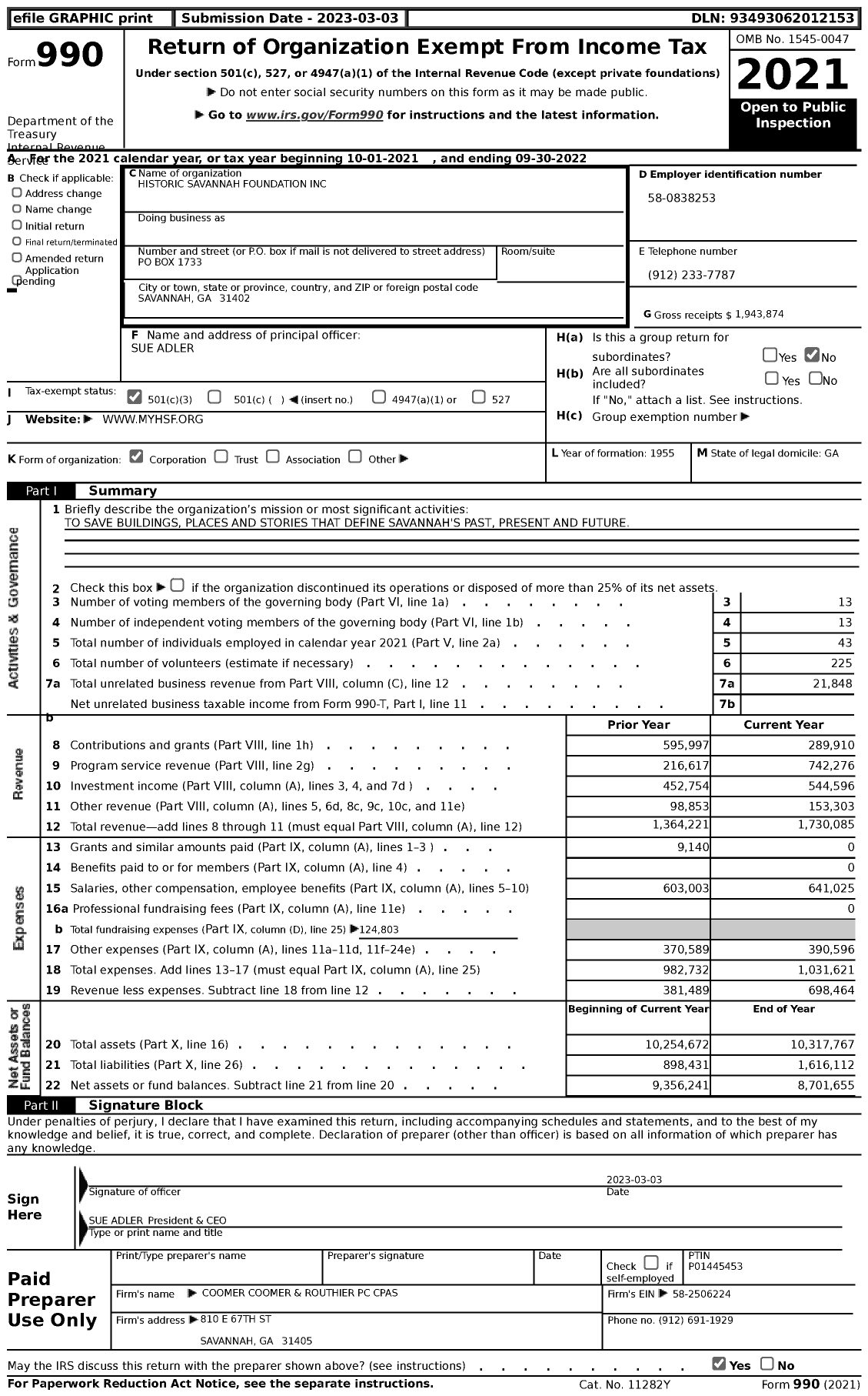 Image of first page of 2021 Form 990 for Historic Savannah Foundation (HSF)
