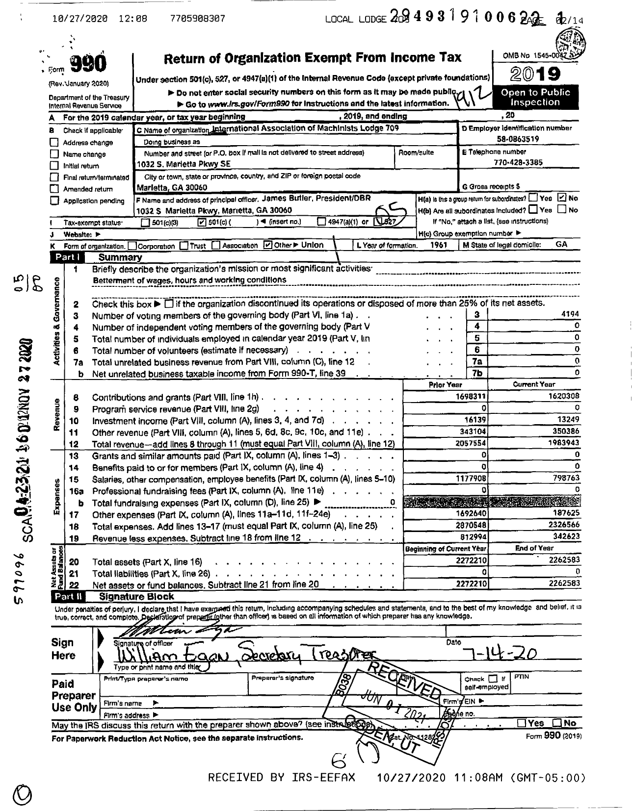 Image of first page of 2019 Form 990O for International ASSOCIATION of Machinists and AEROSPACE WORKERS - Iam Local Lodge 709