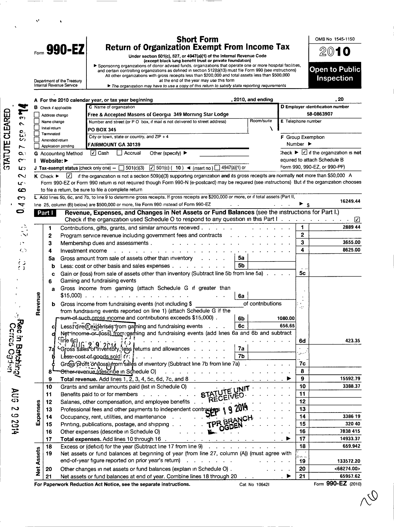 Image of first page of 2010 Form 990EO for Free and Accepted Masons of Georgia / 349 Morning Star Lodge