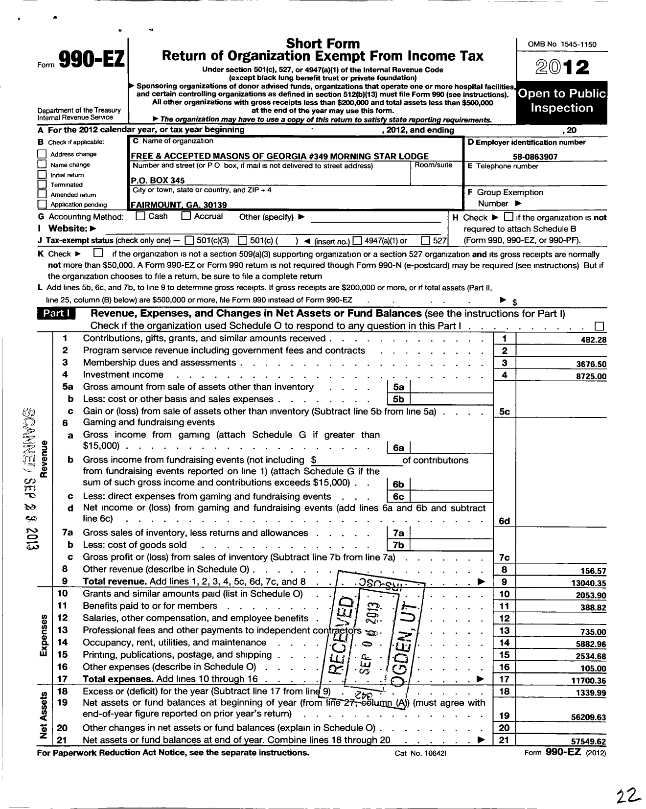 Image of first page of 2012 Form 990EO for Free and Accepted Masons of Georgia / 349 Morning Star Lodge