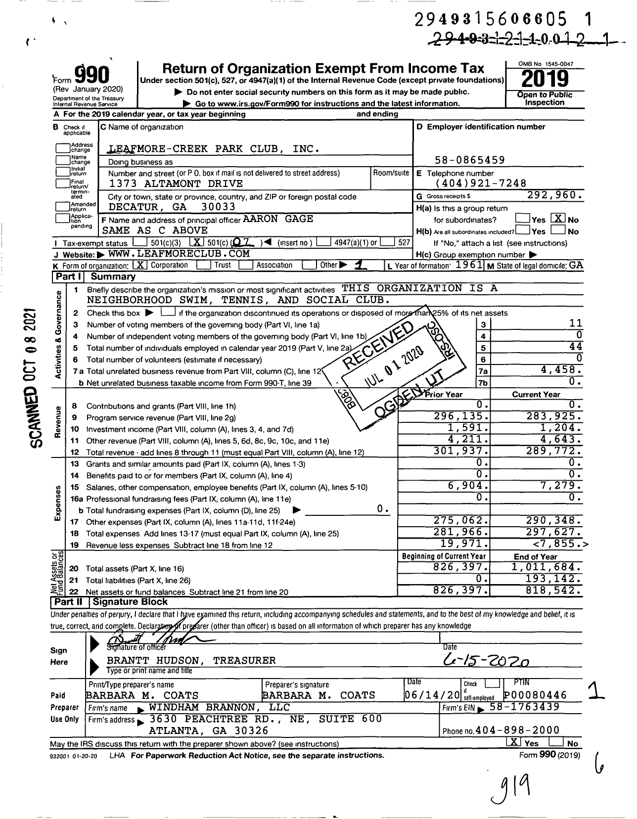 Image of first page of 2019 Form 990O for Leafmore-Creek Park Club