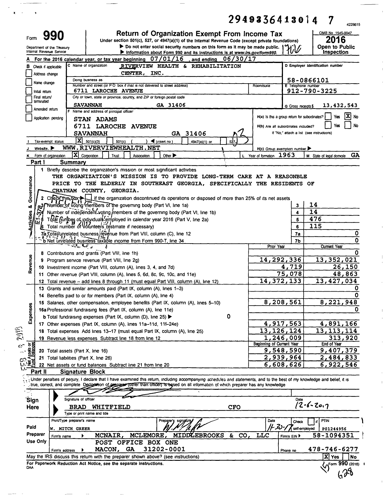 Image of first page of 2016 Form 990 for Riverview Health and Rehabilitation Center