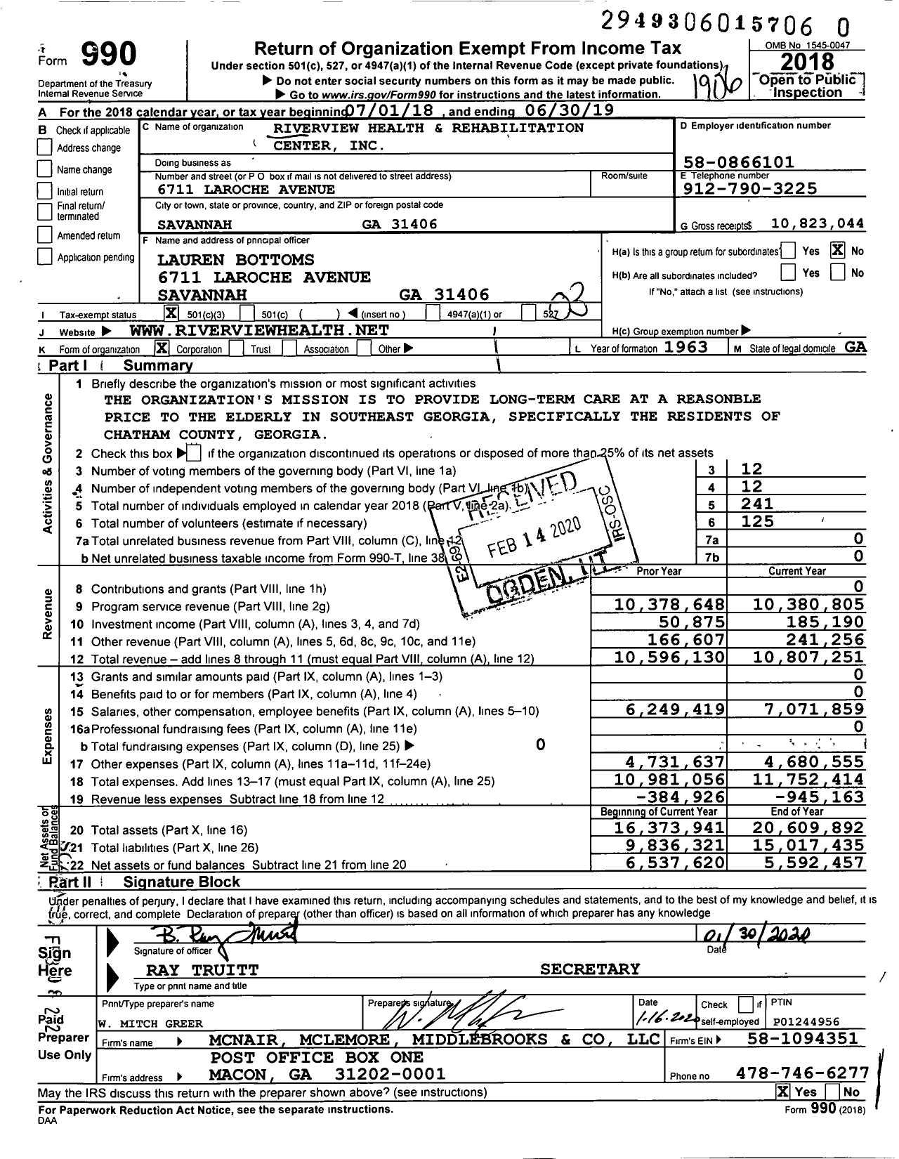 Image of first page of 2018 Form 990 for Riverview Health and Rehabilitation Center