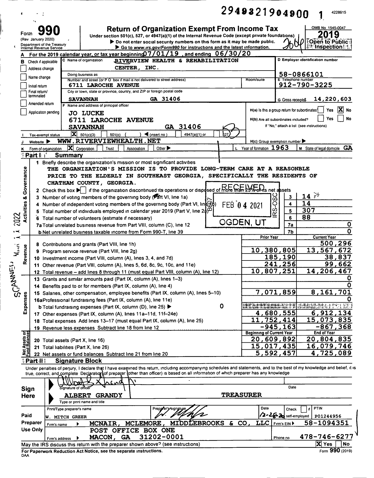 Image of first page of 2019 Form 990 for Riverview Health and Rehabilitation Center