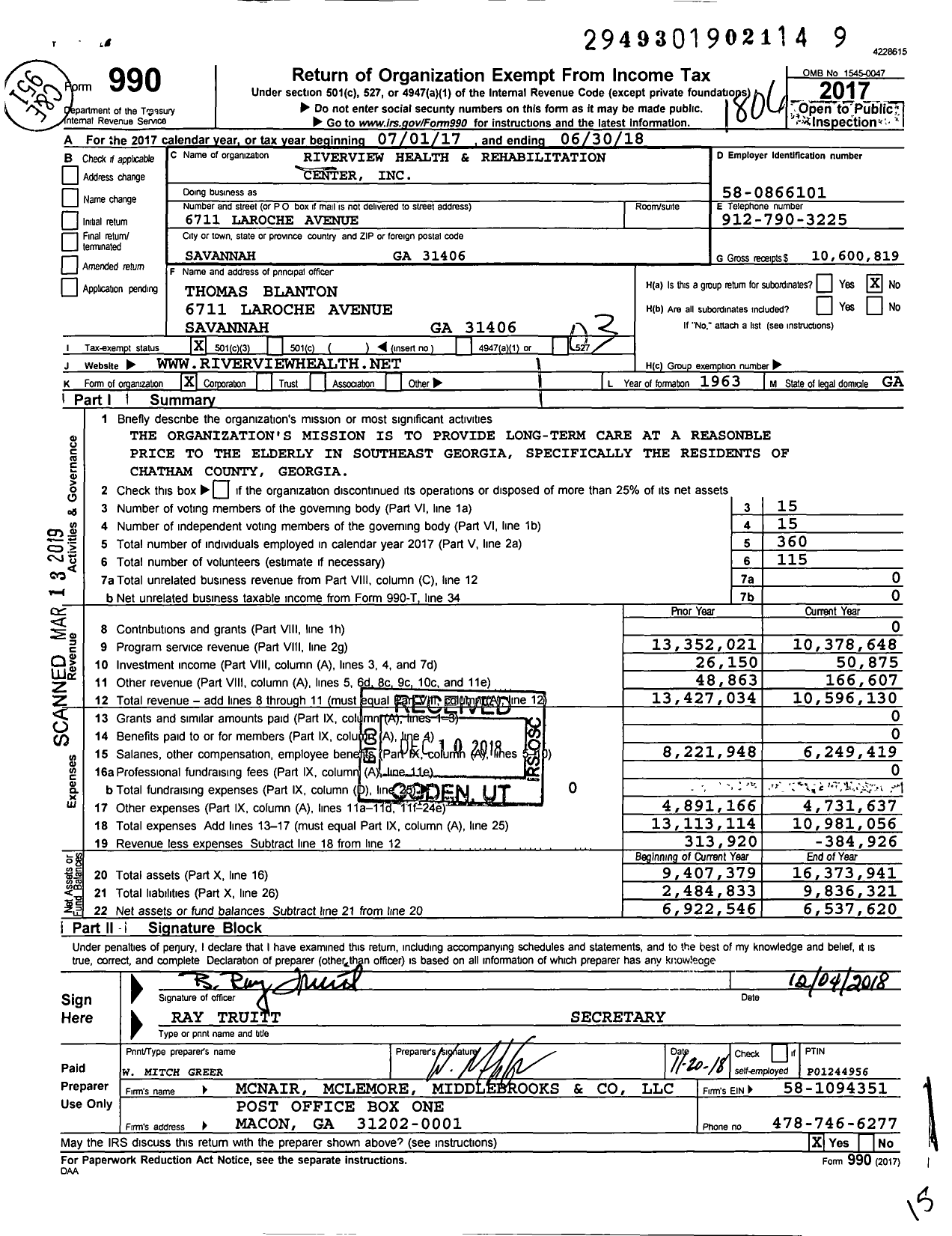 Image of first page of 2017 Form 990 for Riverview Health and Rehabilitation Center
