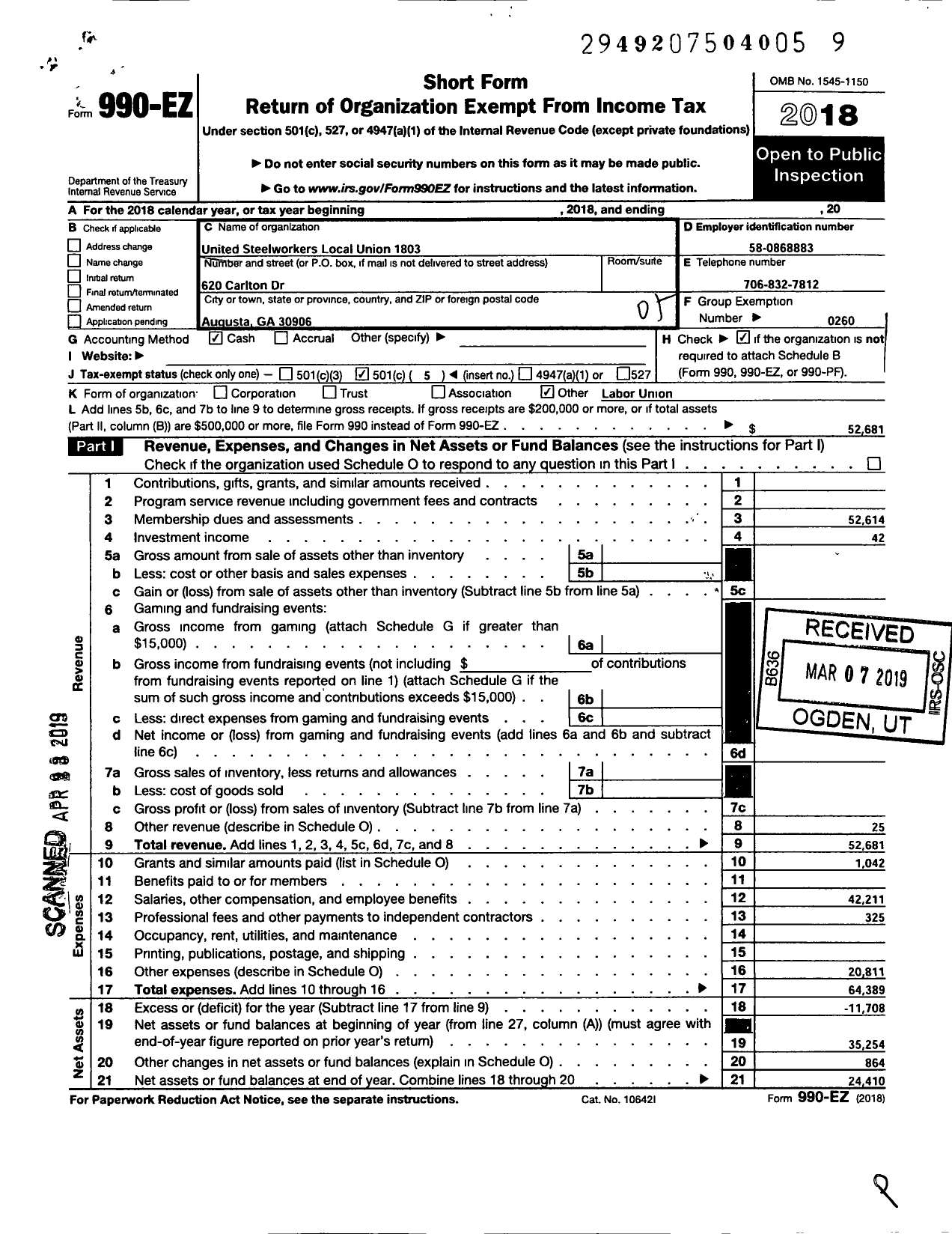 Image of first page of 2018 Form 990EO for United Steelworkers - 01803 Local