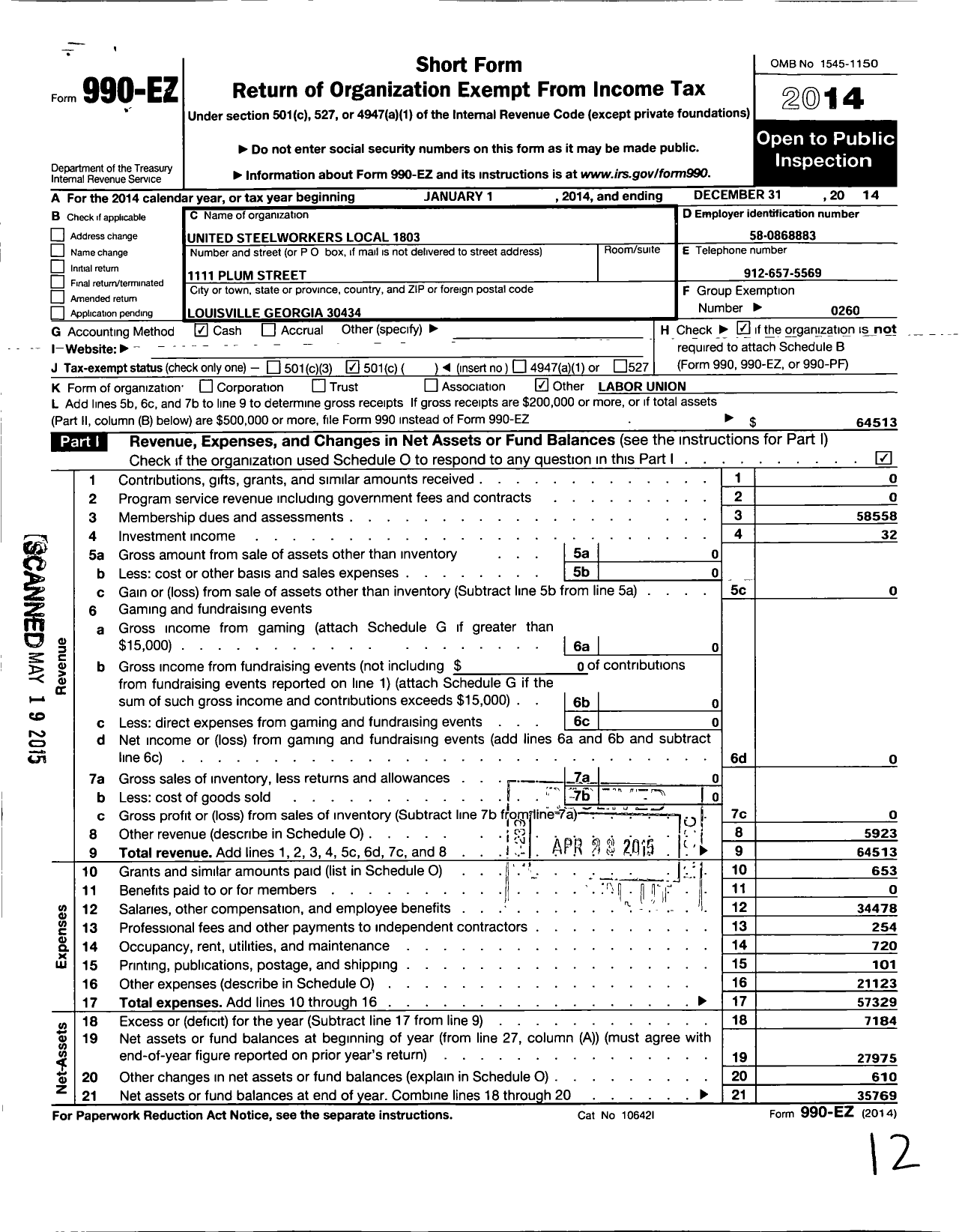 Image of first page of 2014 Form 990EO for United Steelworkers - 01803 Local