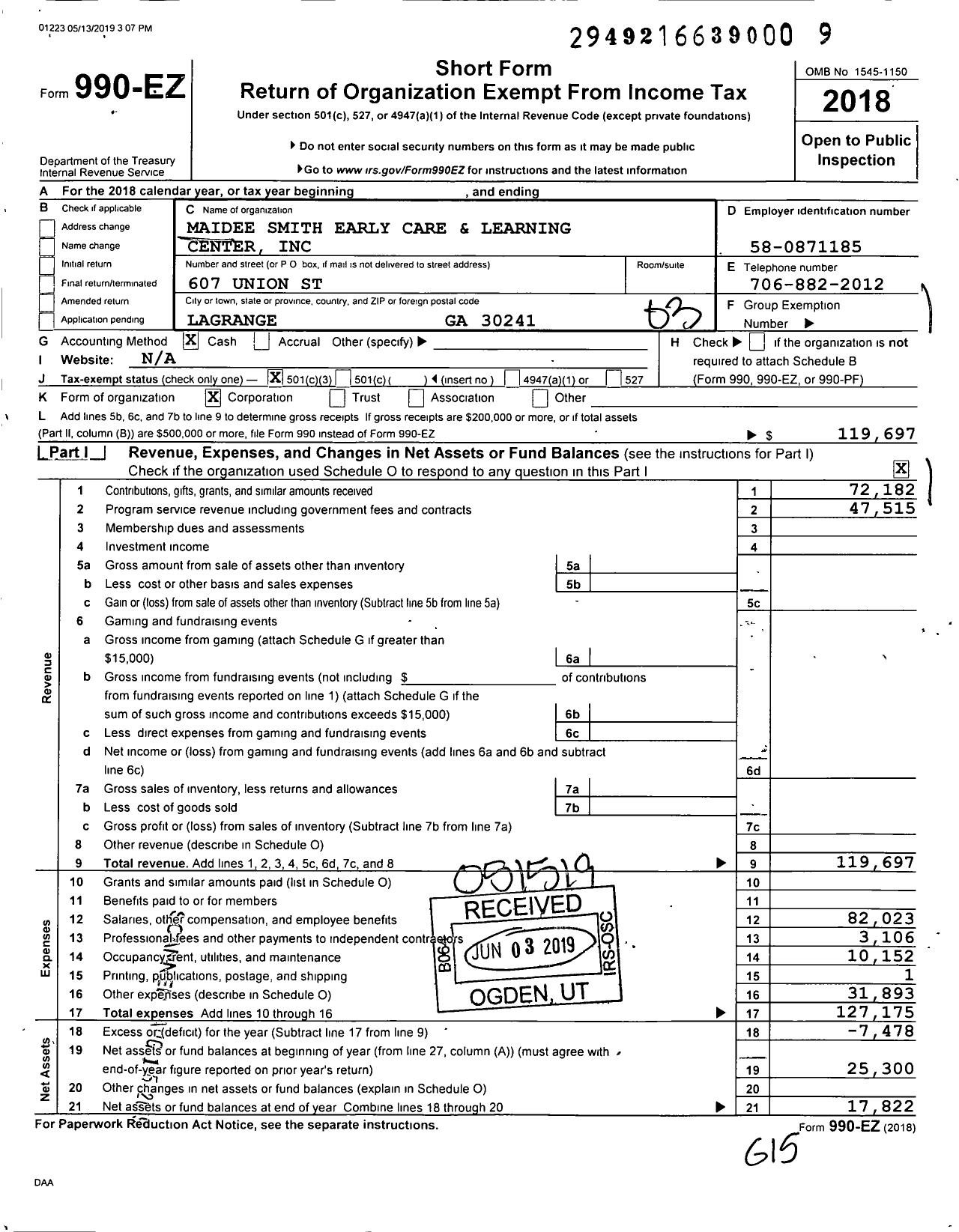 Image of first page of 2018 Form 990EZ for Maidee Smith Early Care and Learning Center