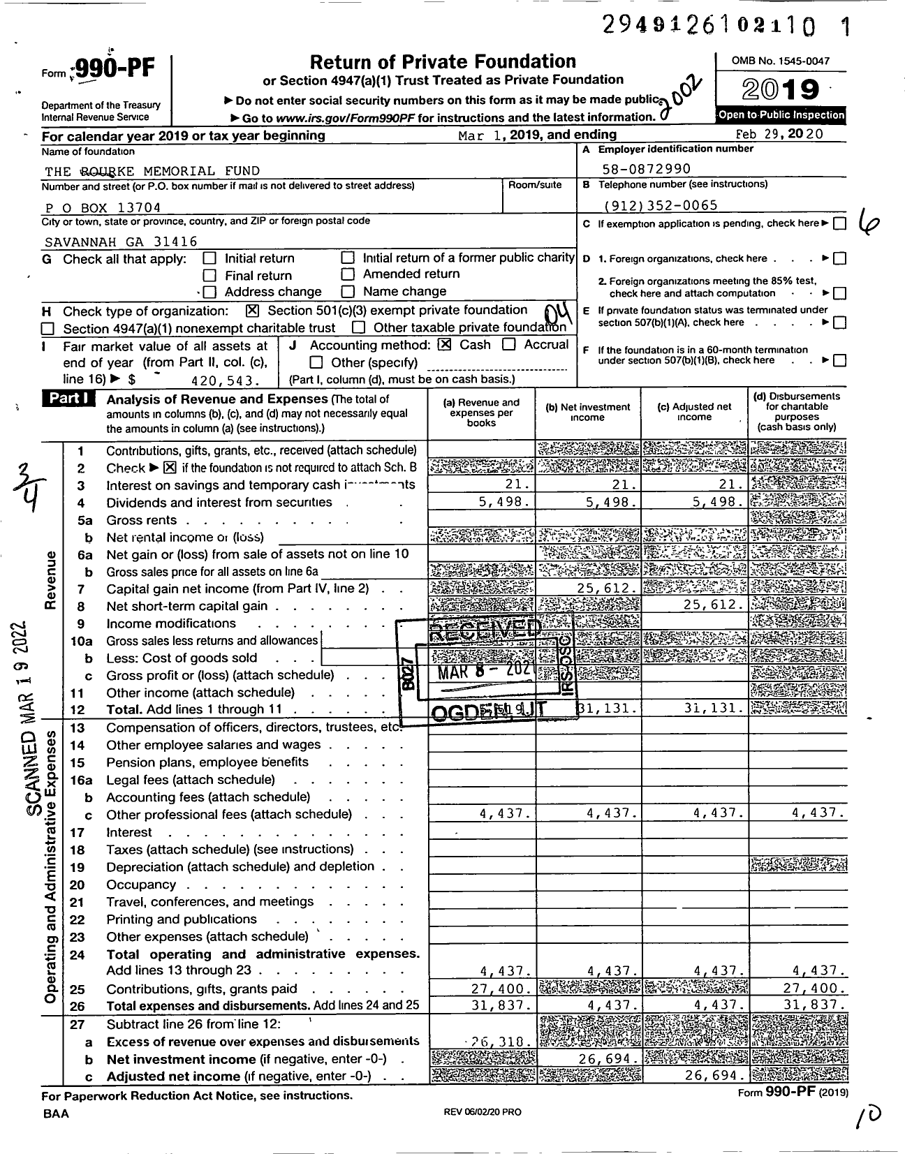 Image of first page of 2019 Form 990PF for Rourke Memorial Fund