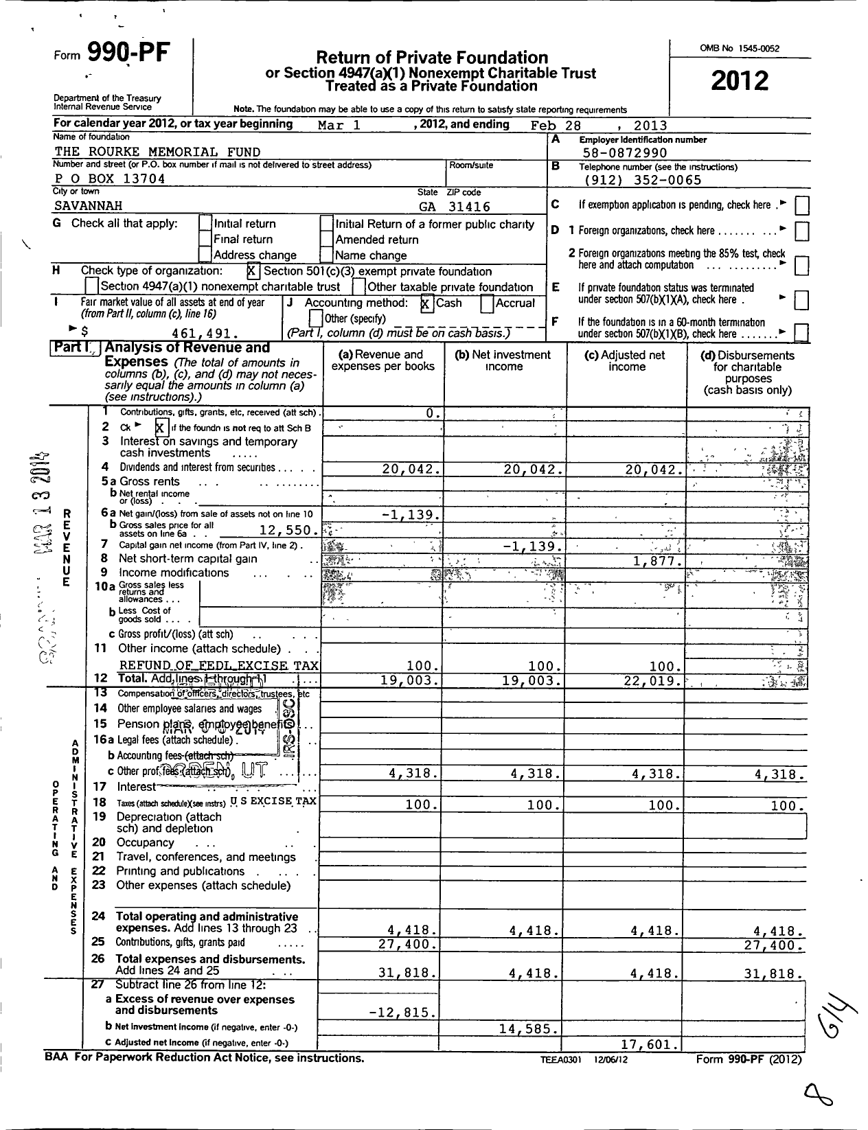 Image of first page of 2012 Form 990PF for Rourke Memorial Fund