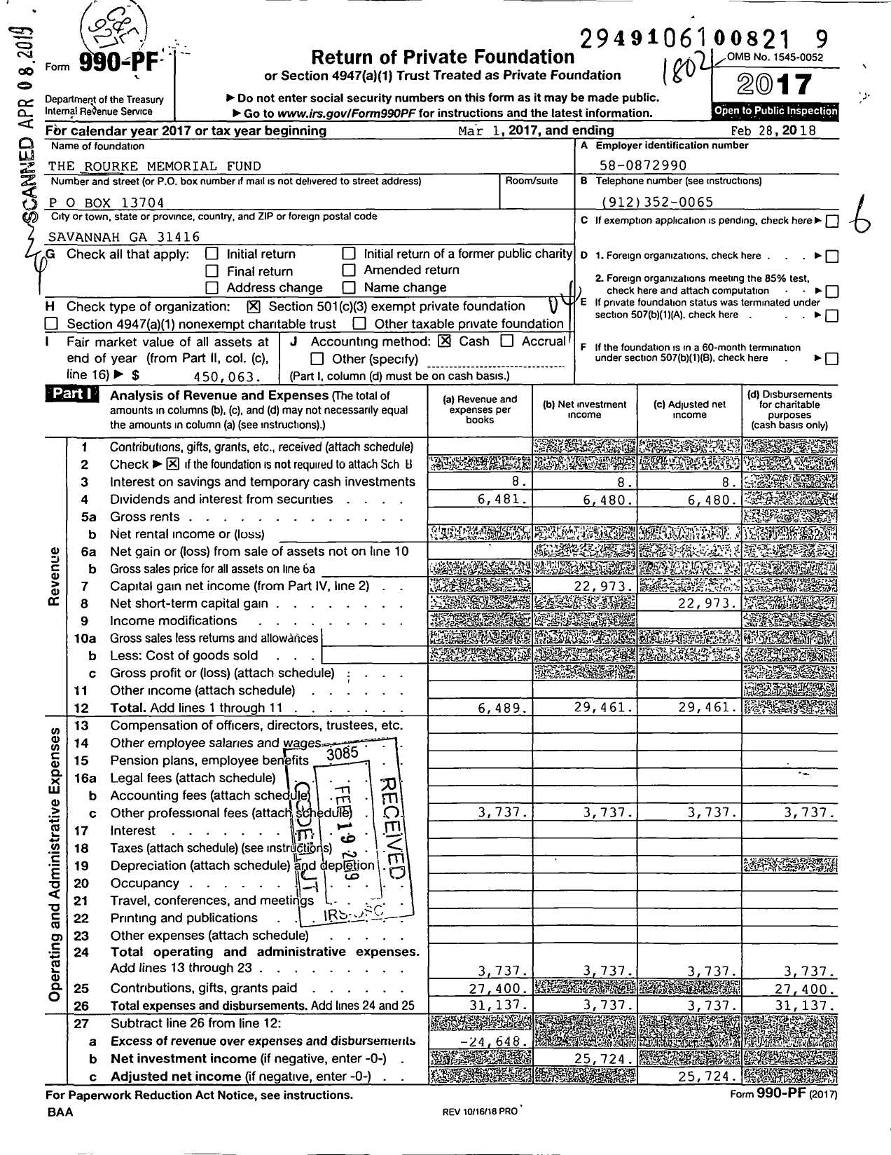 Image of first page of 2017 Form 990PF for Rourke Memorial Fund