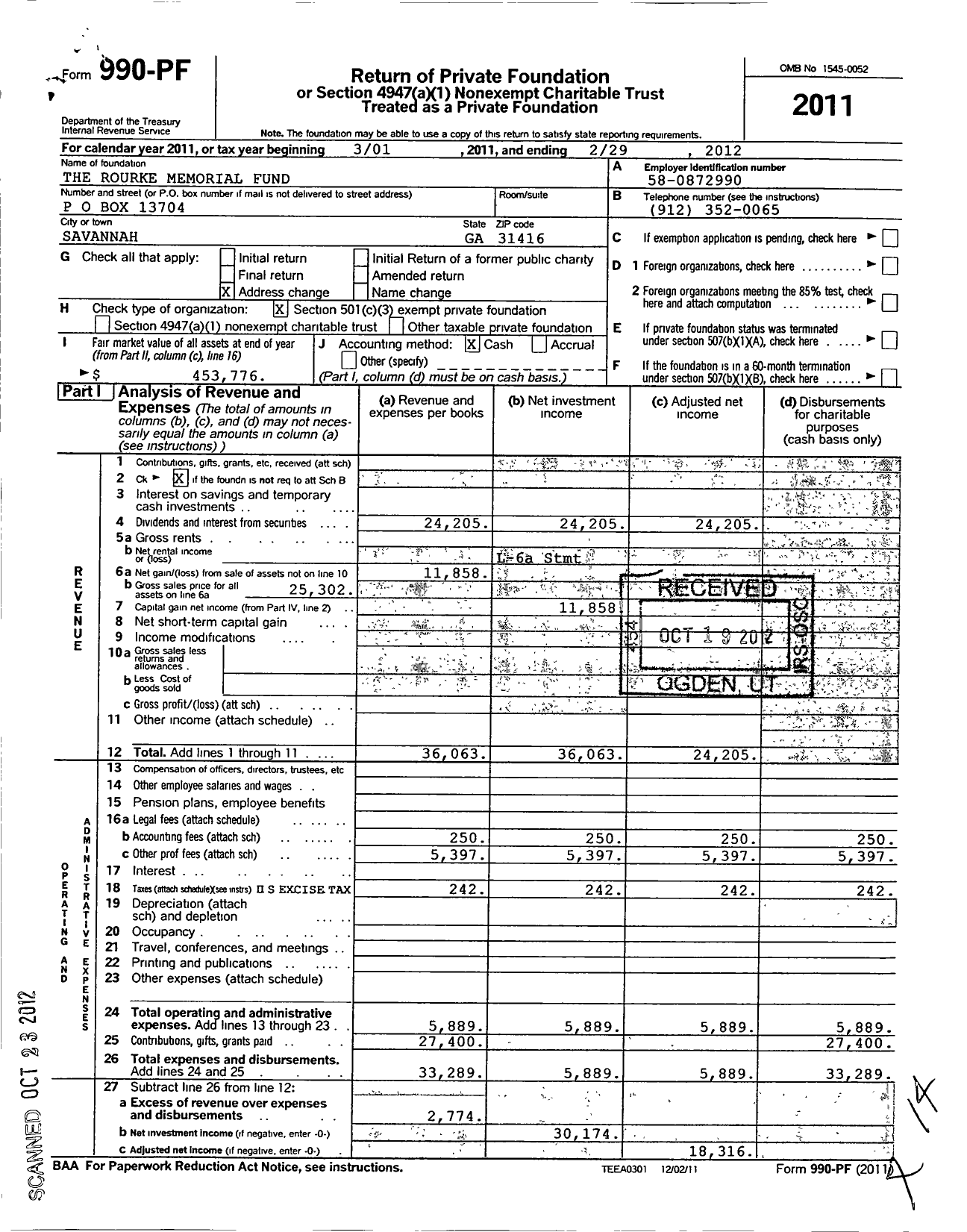 Image of first page of 2011 Form 990PF for Rourke Memorial Fund