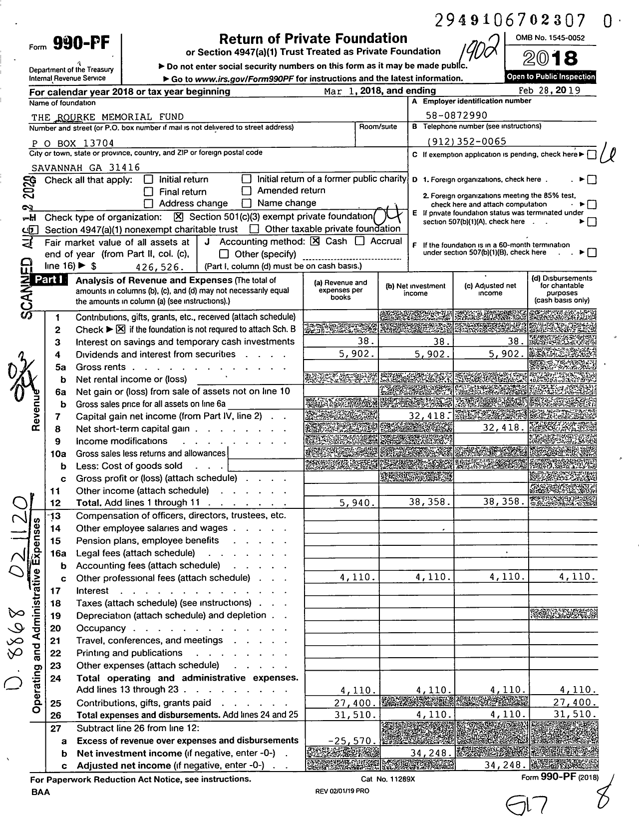 Image of first page of 2018 Form 990PR for Rourke Memorial Fund
