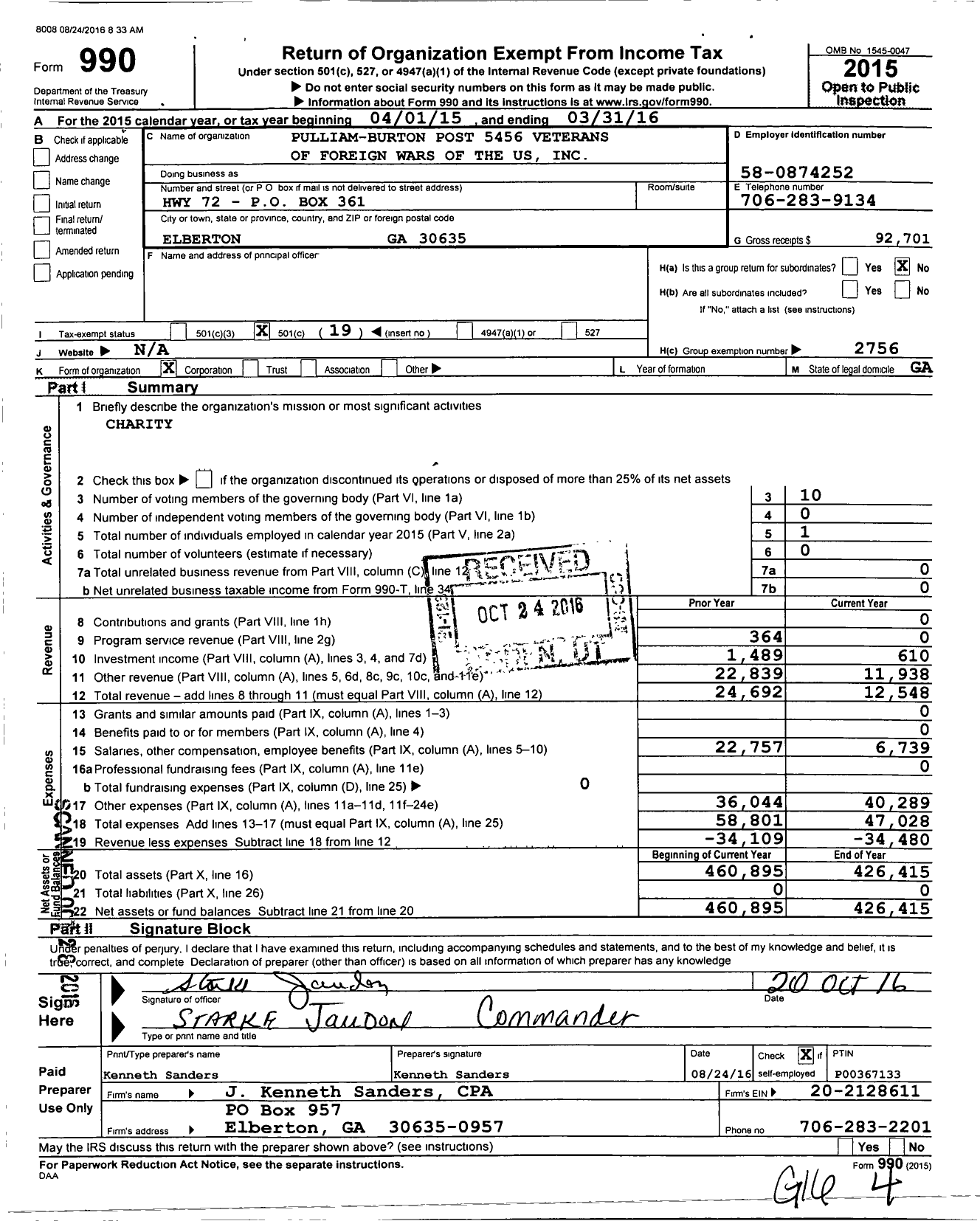 Image of first page of 2015 Form 990O for Veteran of Foreign Wars of the United States Dept of Georgia - 5456 Pulliam Burton Post