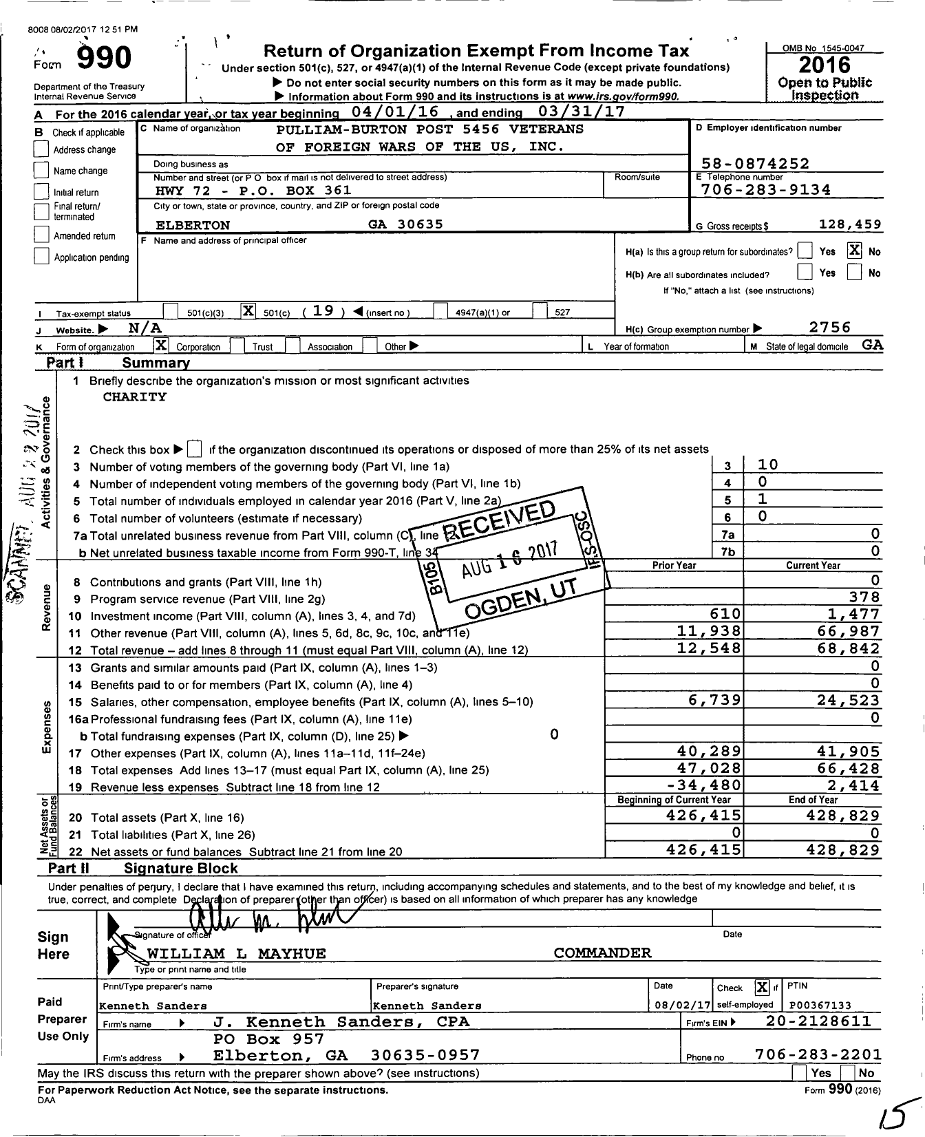 Image of first page of 2016 Form 990O for Veteran of Foreign Wars of the United States Dept of Georgia - 5456 Pulliam Burton Post