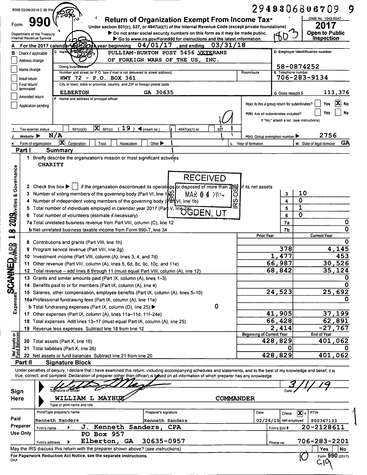 Image of first page of 2017 Form 990O for Veteran of Foreign Wars of the United States Dept of Georgia - 5456 Pulliam Burton Post