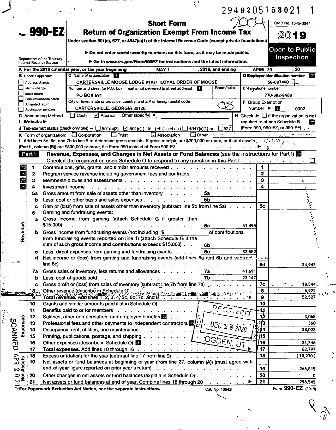 Image of first page of 2019 Form 990EO for Loyal Order of Moose - 1931