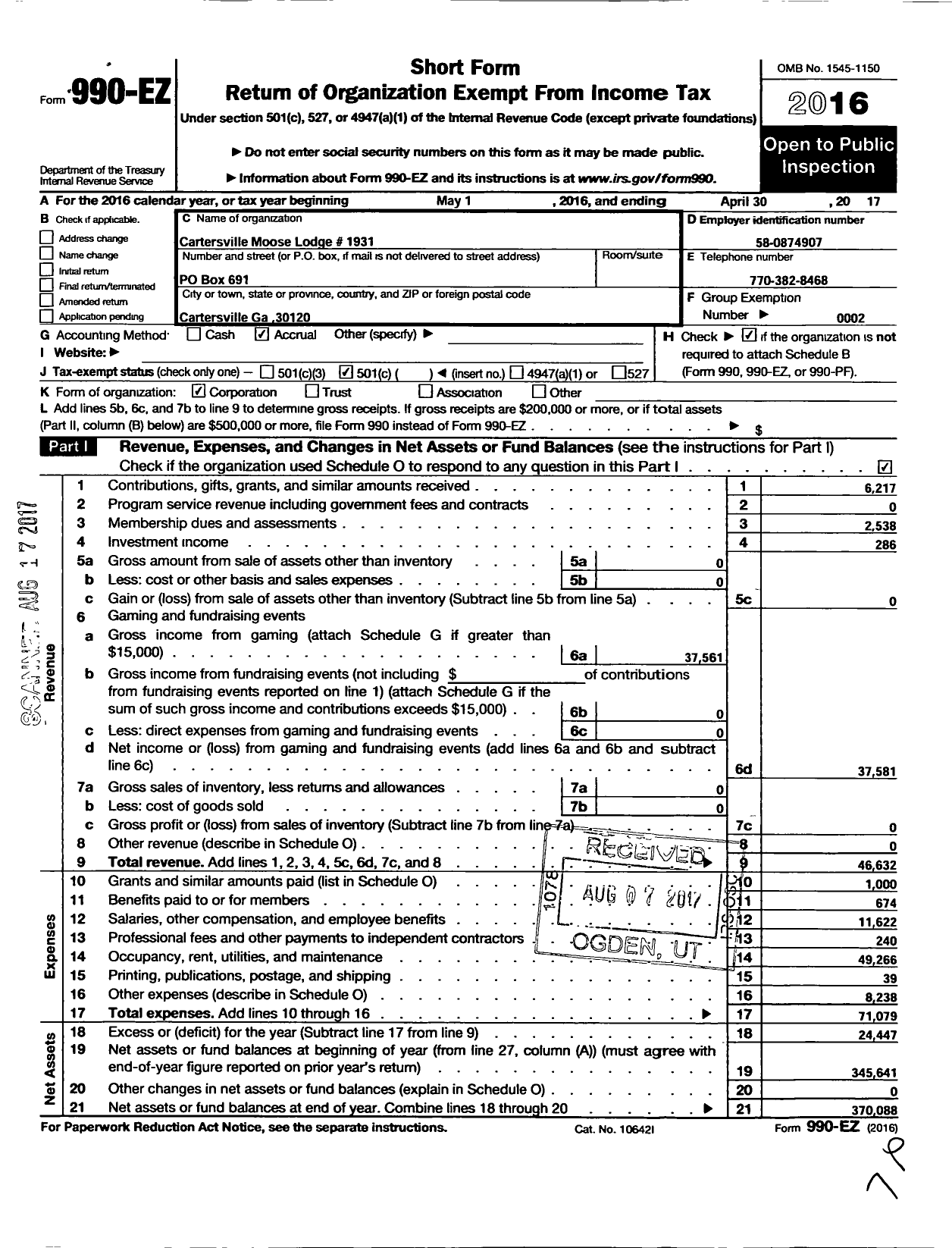 Image of first page of 2016 Form 990EO for Loyal Order of Moose - 1931