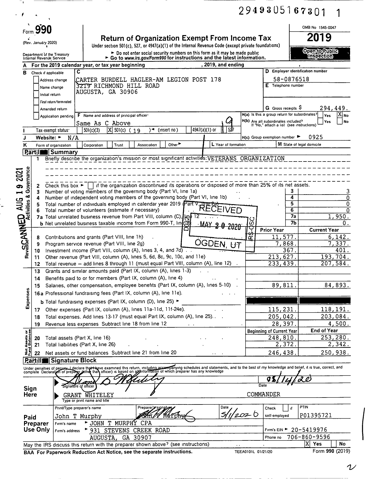 Image of first page of 2019 Form 990O for American Legion - 0178 Carter Burdell Hagler